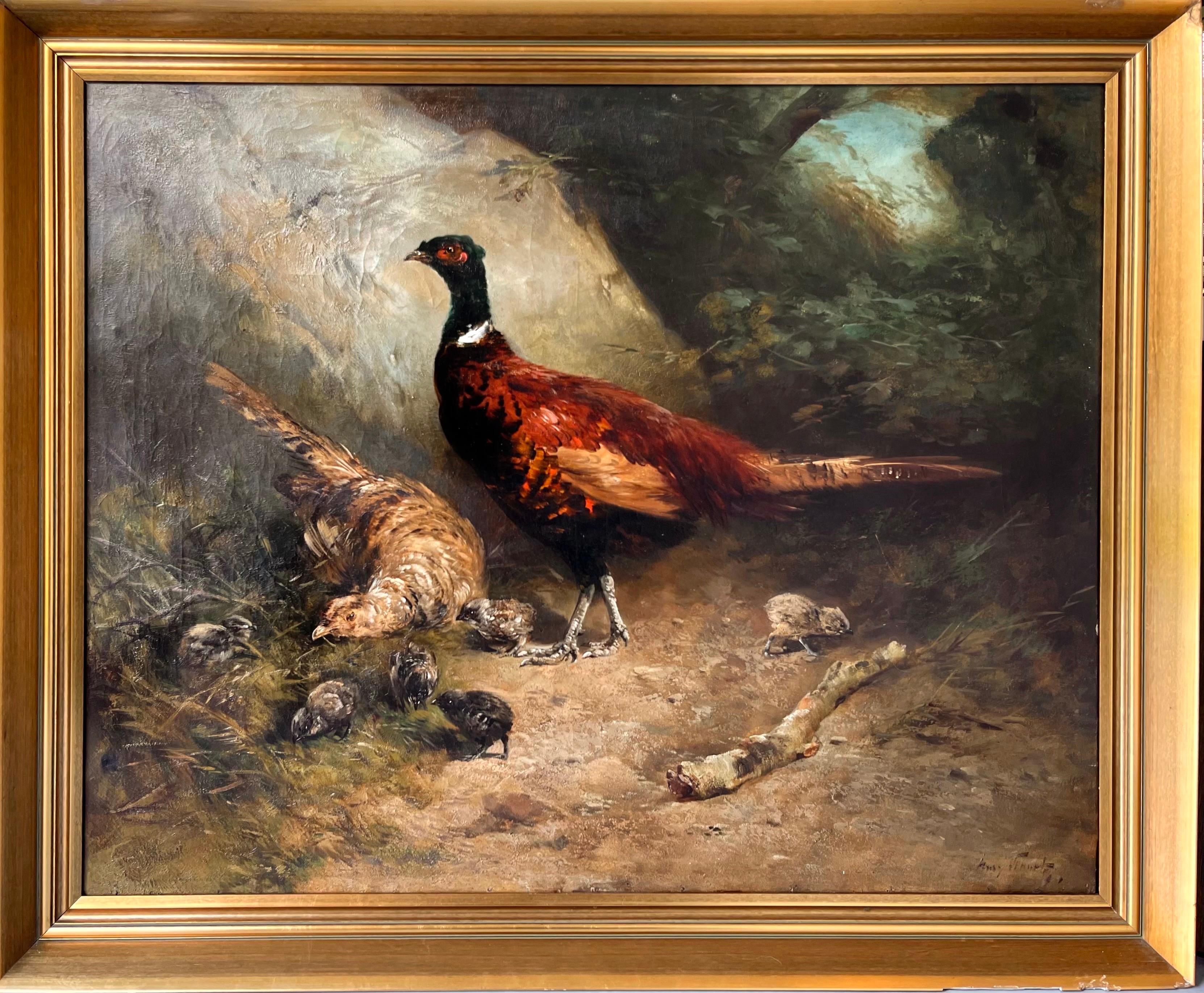 Henry Schouten Animal Painting - Huge 19th century romantic painting Pheasant with their chicks in a forest