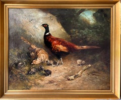 Huge 19th century romantic painting Pheasant with their chicks in a forest