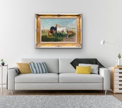 Grande olio romantico del XIX secolo - Una famiglia di cavalli affettuosi - Paesaggio di campagna