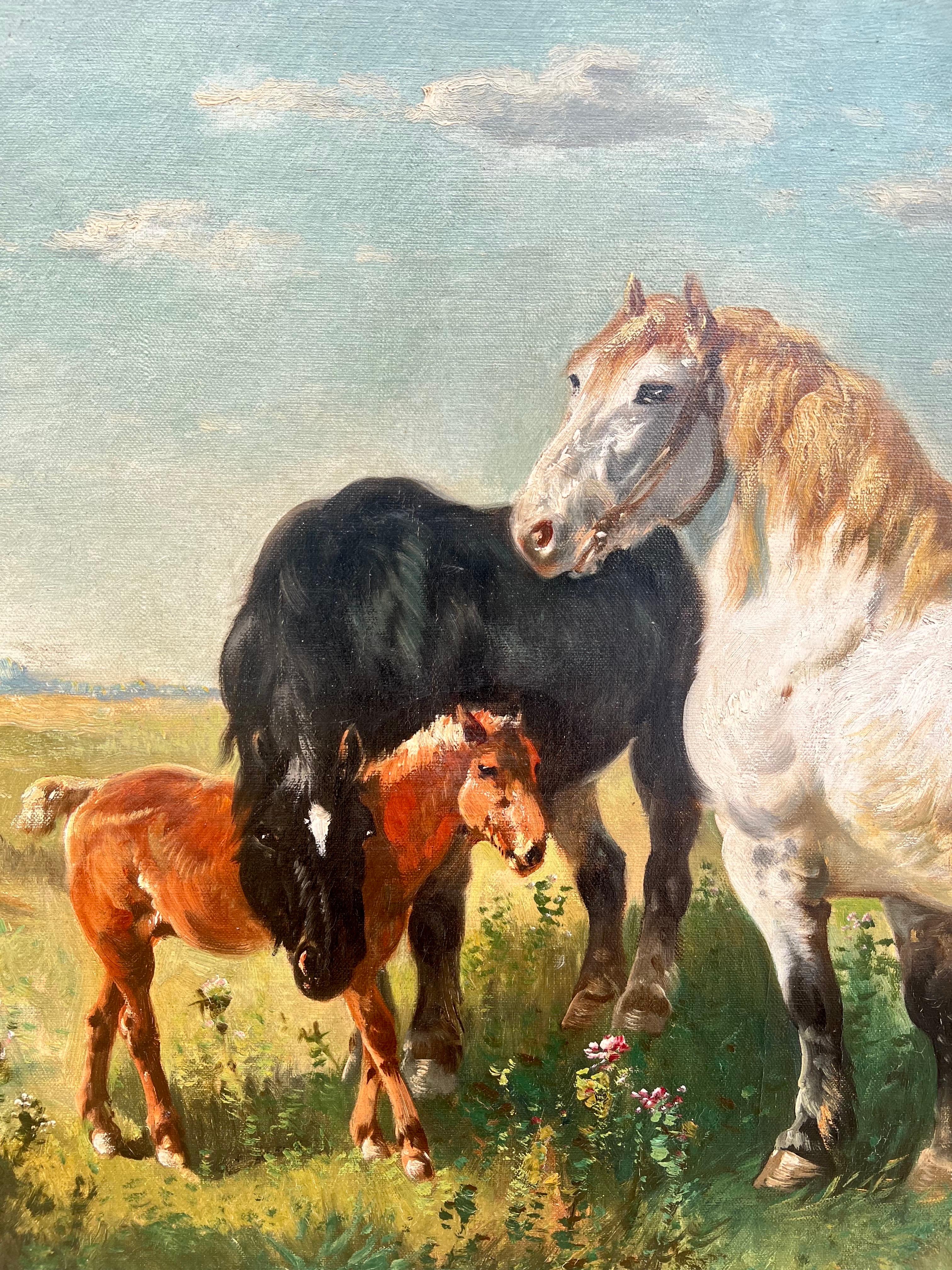 Large 19th century romantic oil - A loving horse family - Countryside landscape - Romantic Painting by Henry Schouten