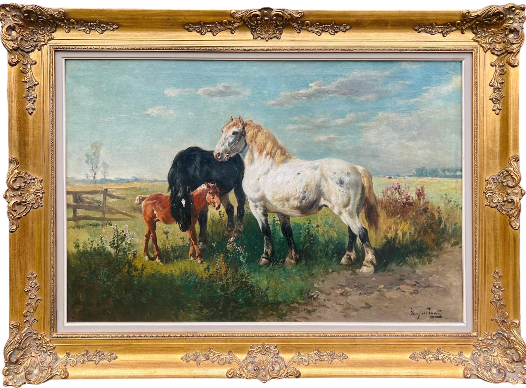 Henry Schouten Interior Painting - Large 19th century romantic oil - A loving horse family - Countryside landscape