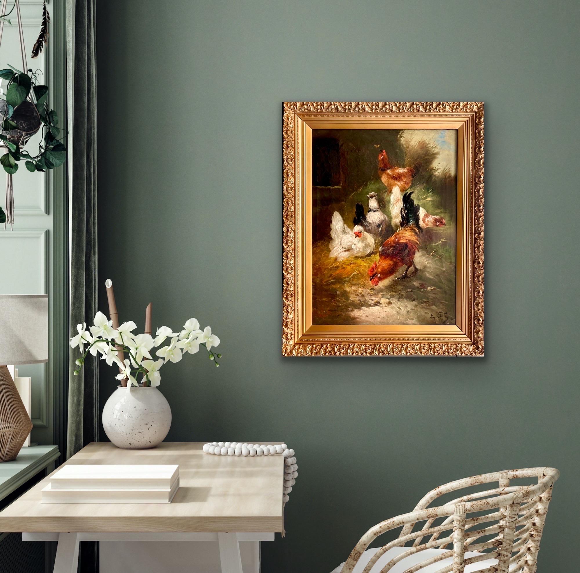 Large 19th century romantic painting Roosters at a farm - bird countryside 5
