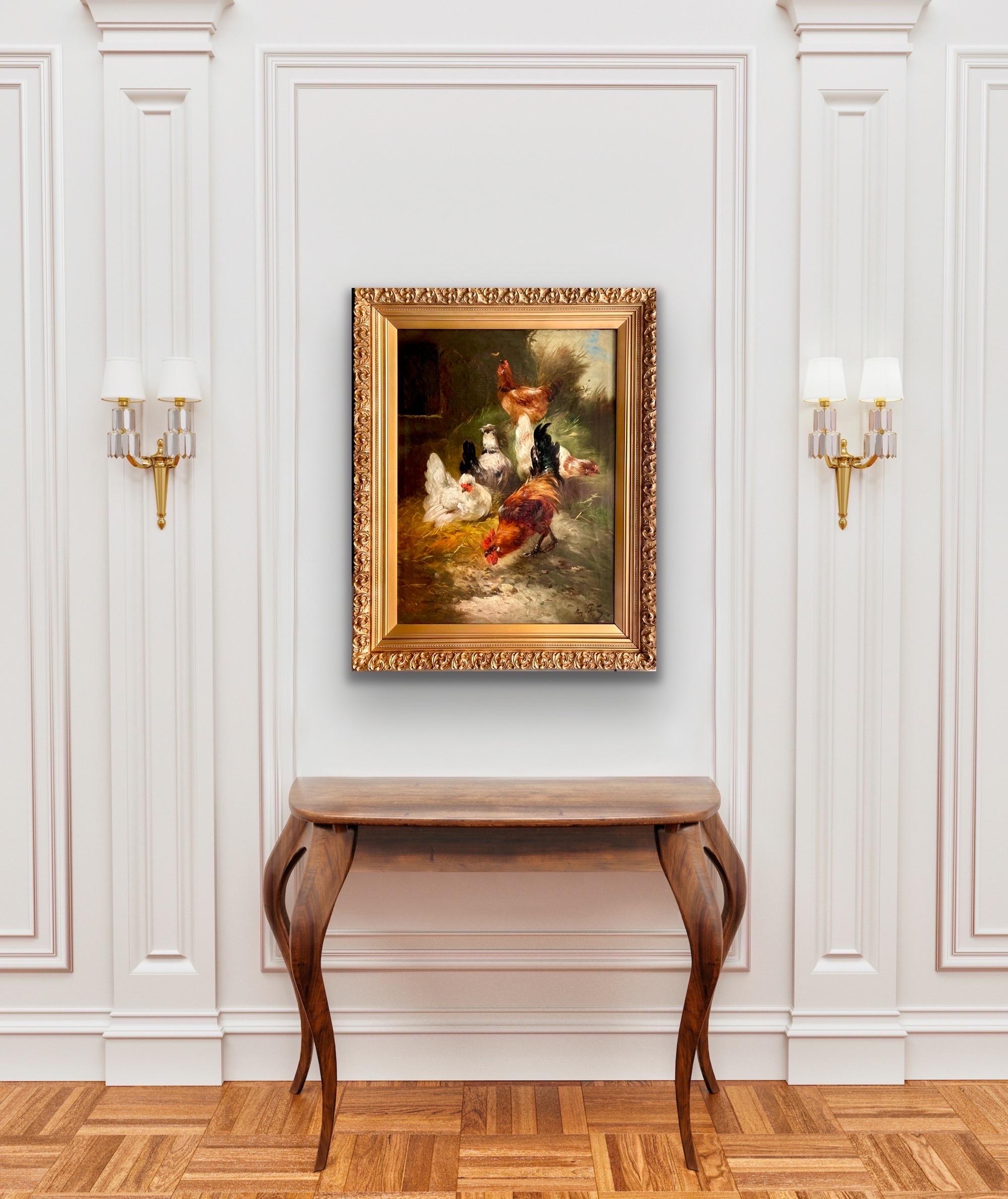 Large 19th century romantic painting Roosters at a farm - bird countryside 7