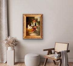 Large 19th century romantic painting Roosters at a farm - bird countryside