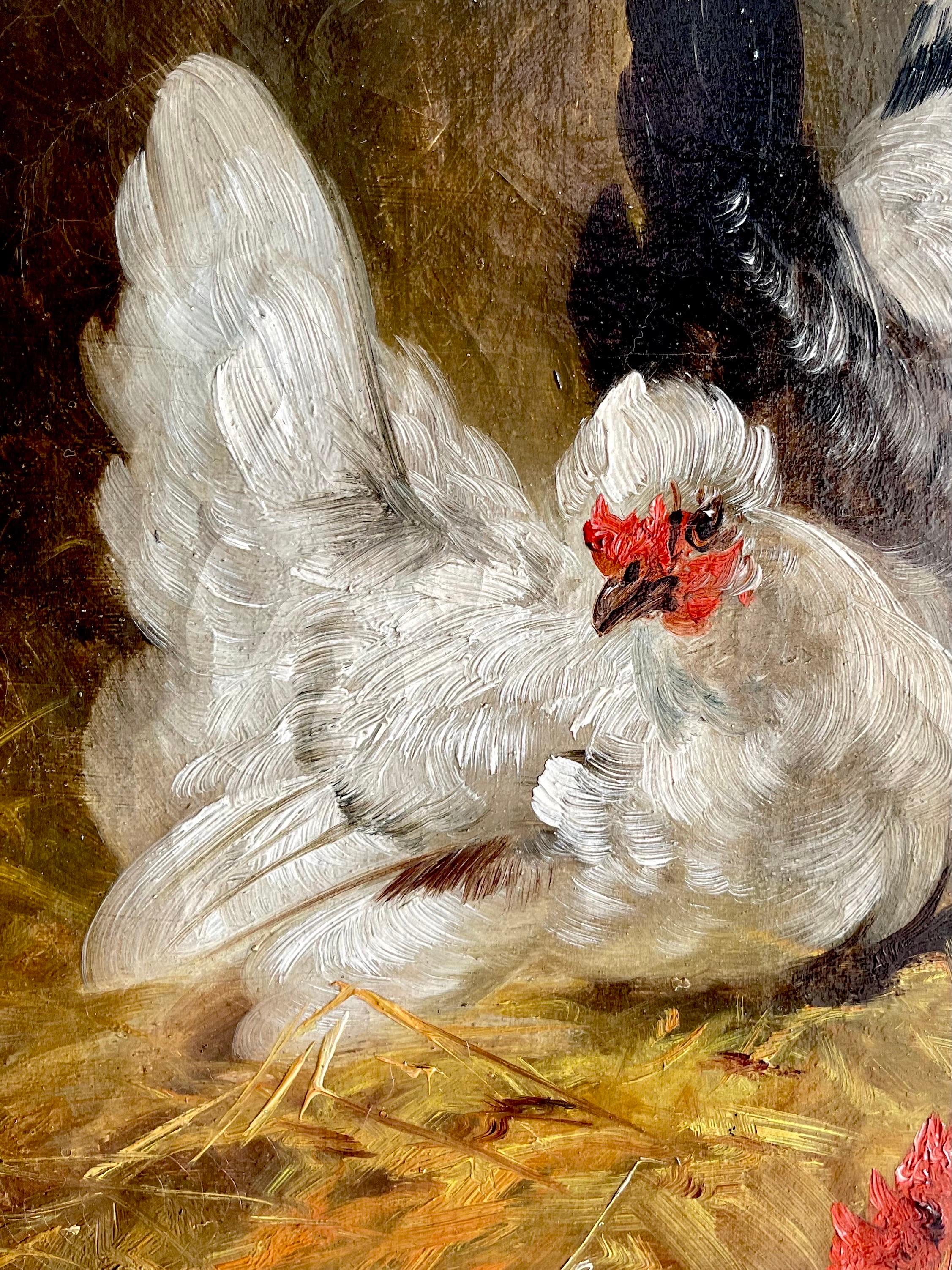 Large 19th century romantic painting Roosters at a farm - bird countryside - Romantic Painting by Henry Schouten