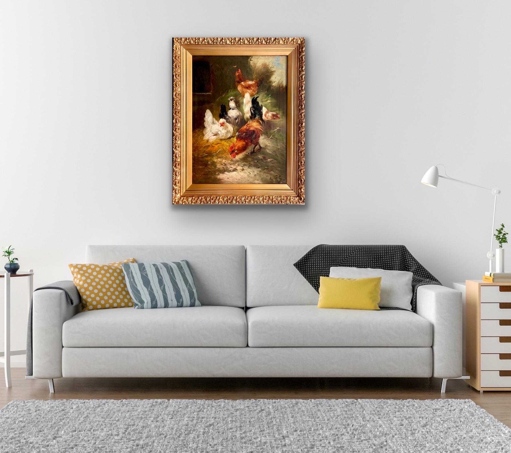 Large 19th century romantic painting Roosters at a farm - bird countryside 4