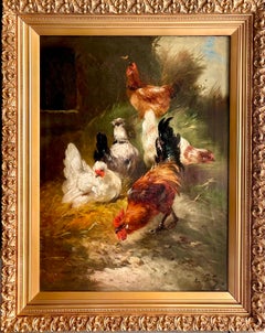 Large 19th century romantic painting Roosters at a farm - bird countryside 