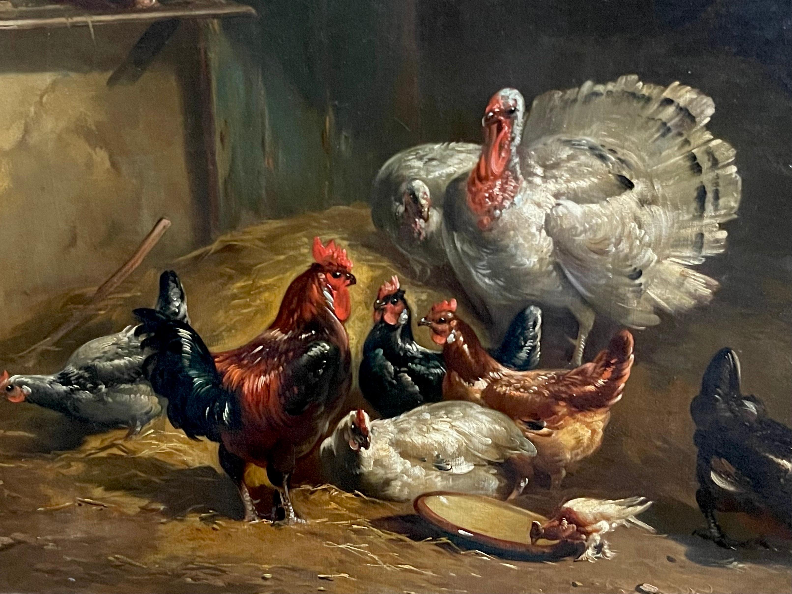 Large 19th century romantic painting Roosters, turkeys and doves at a farm  - Painting by Henry Schouten