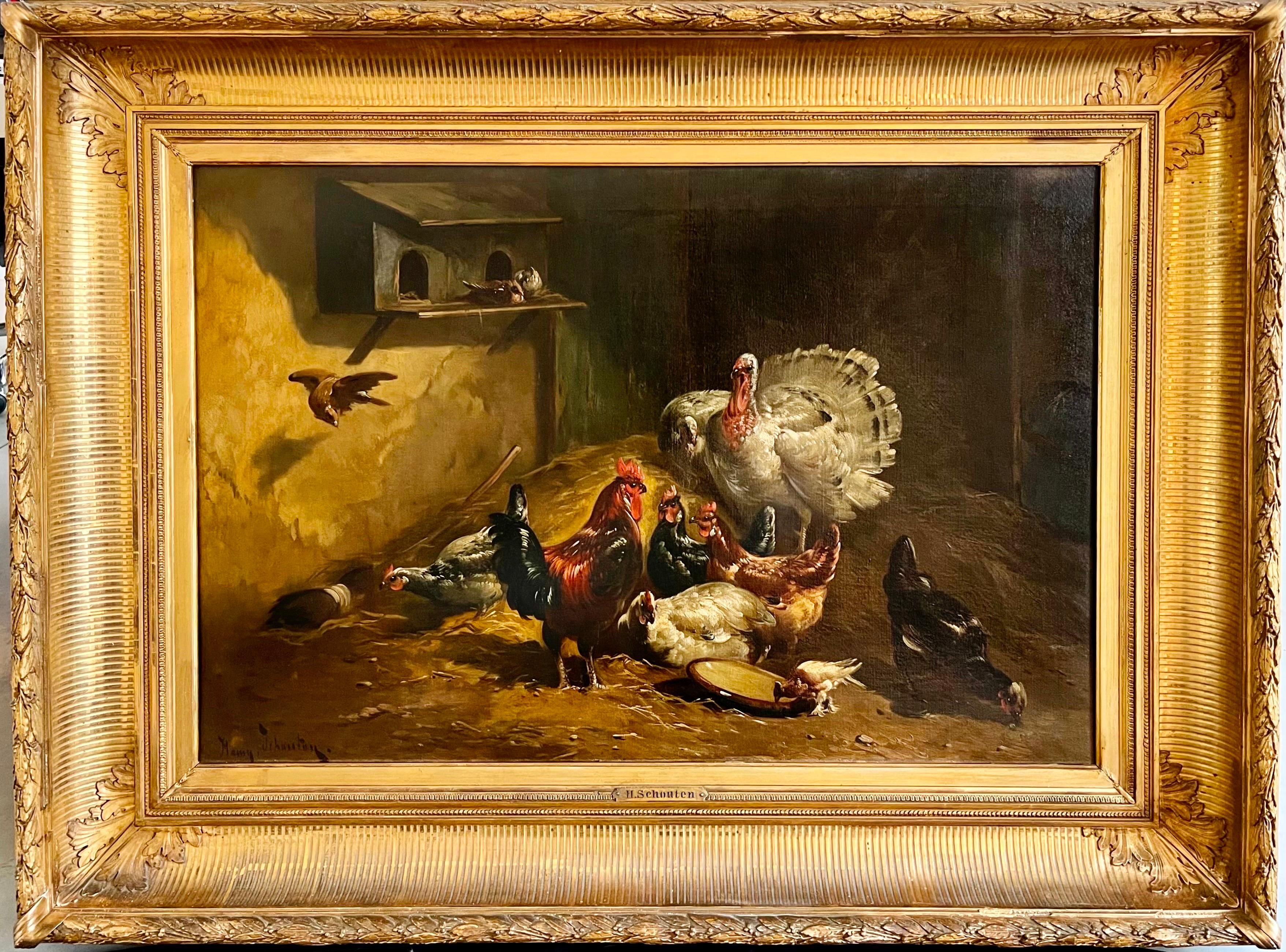 Henry Schouten Interior Painting - Large 19th century romantic painting Roosters, turkeys and doves at a farm 