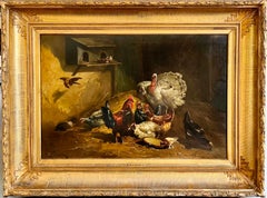 Large 19th century romantic painting Roosters, turkeys and doves at a farm 