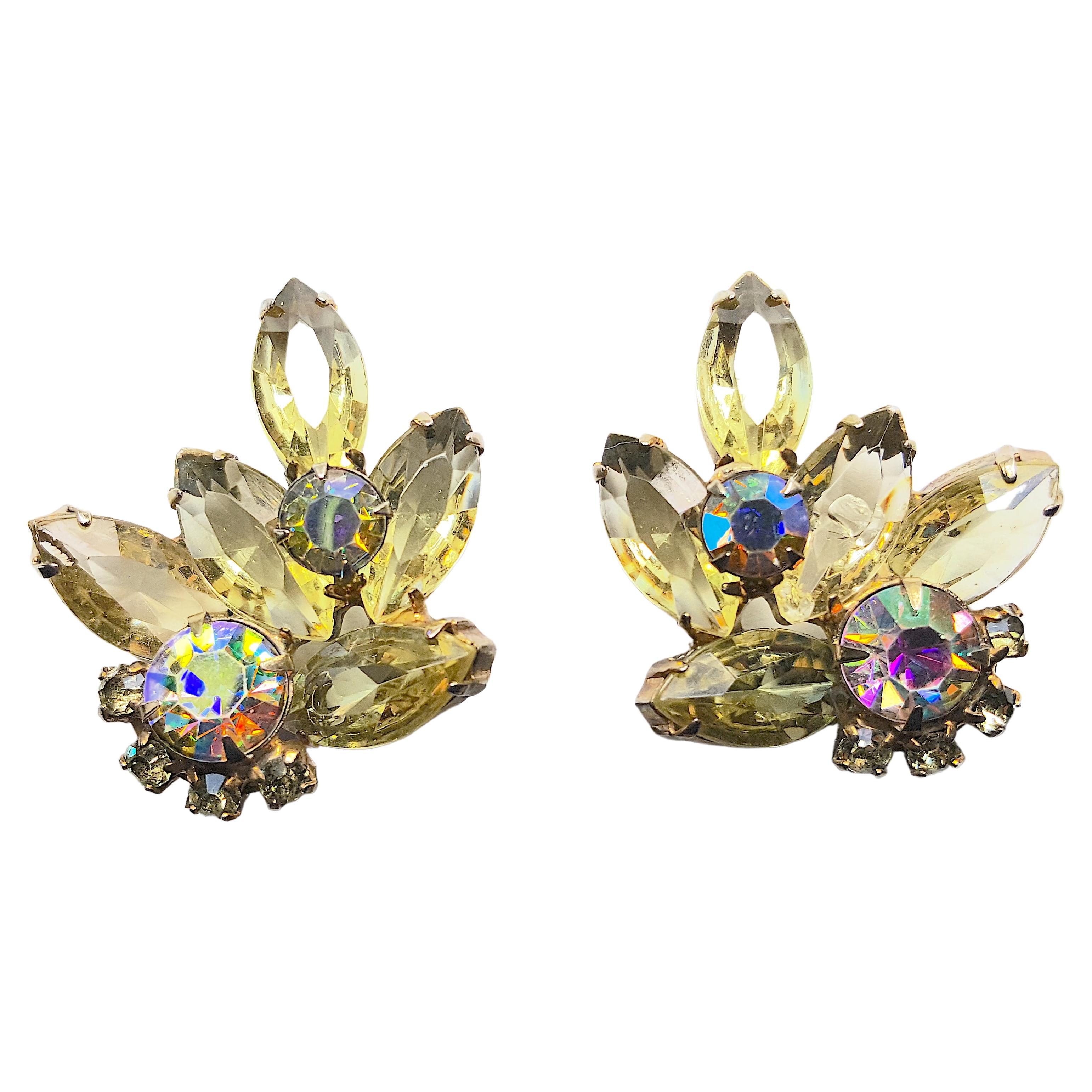 Women's or Men's Schreiner 1950s 22 RuffleProngSetCrystals PaleYellow AuroraBorealis ClipEarrings For Sale