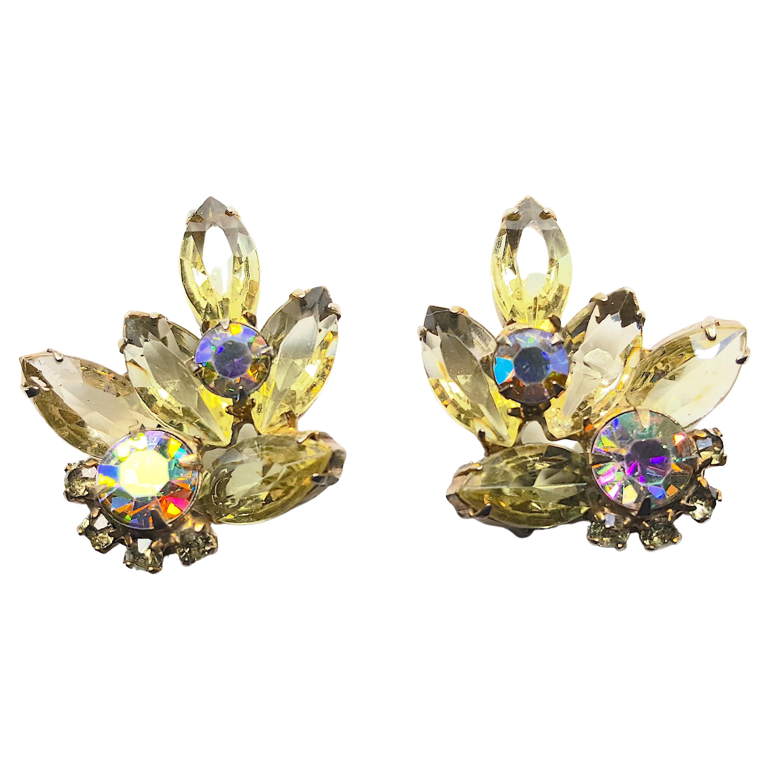 Schreiner 1950s 22 RuffleProngSetCrystals PaleYellow AuroraBorealis ClipEarrings For Sale