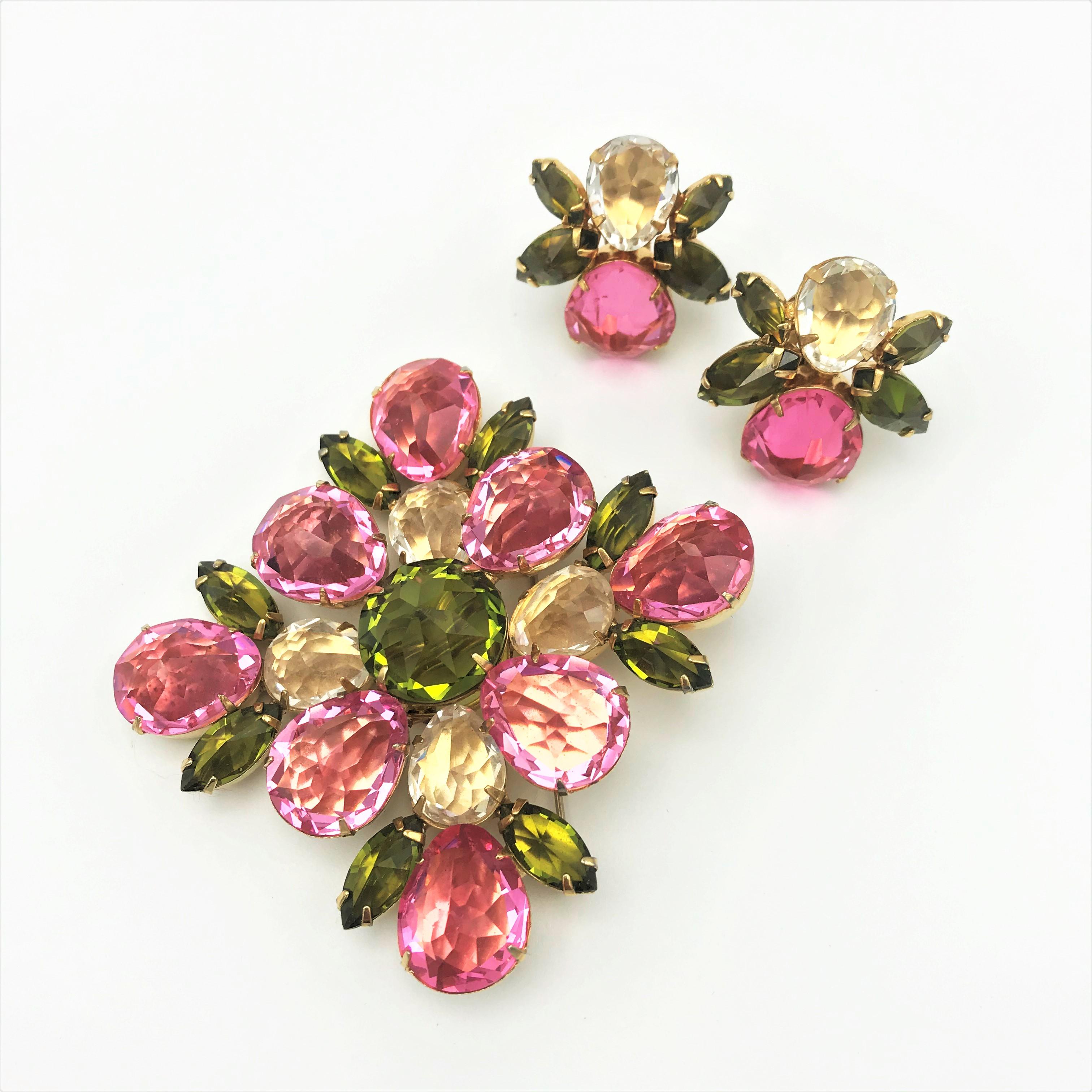 Briolette Cut Henry Schreiner NY pink and green colored  brooch with matching ear clips 1960s