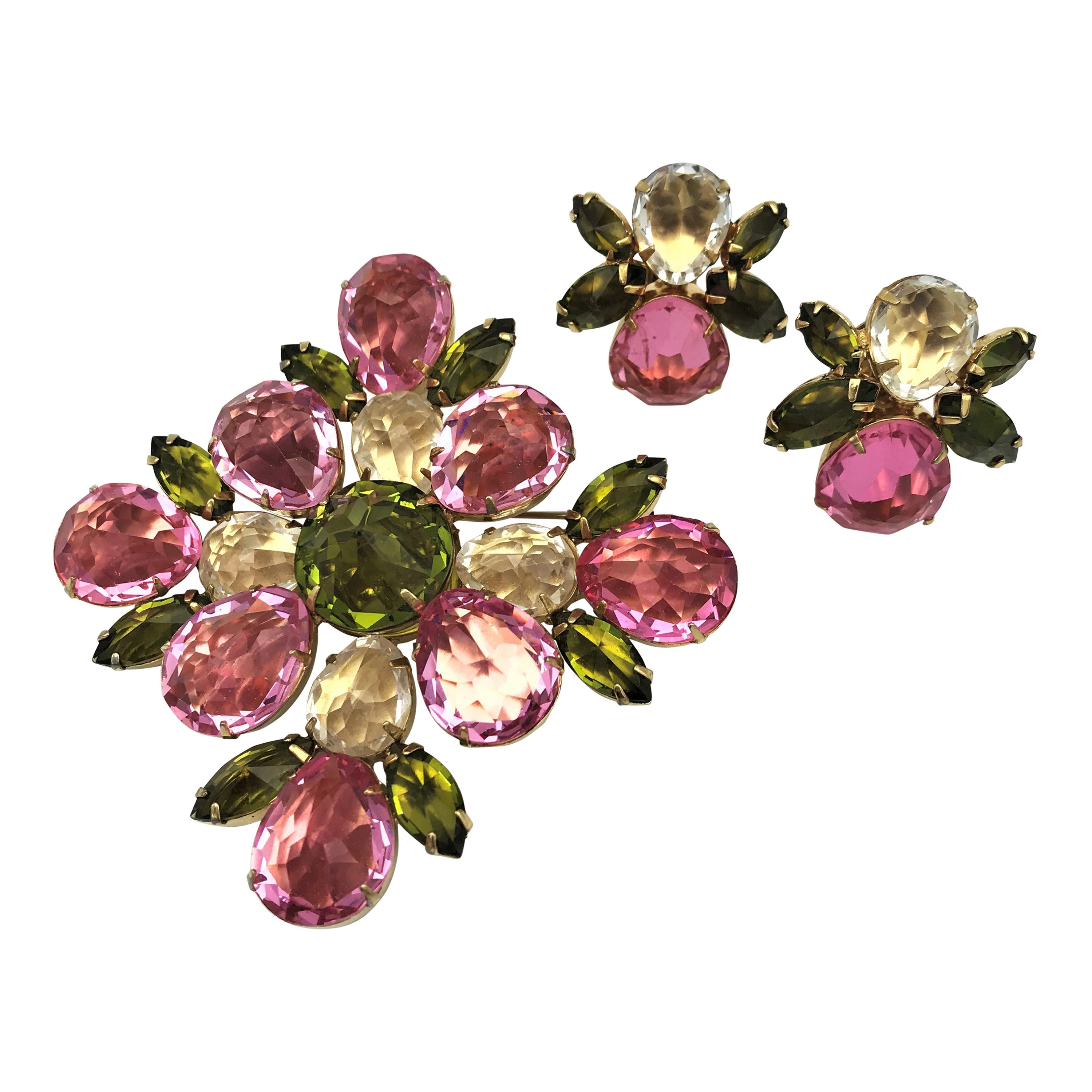 Henry Schreiner NY pink and green colored  brooch with matching ear clips 1960s