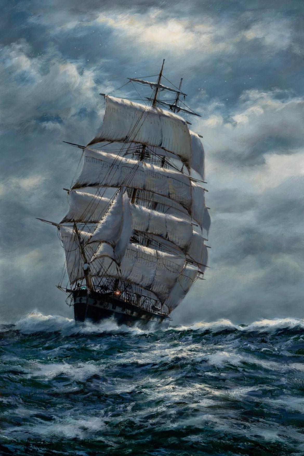 Clipper at Full Sail Under Moonlight - Painting by Henry Scott