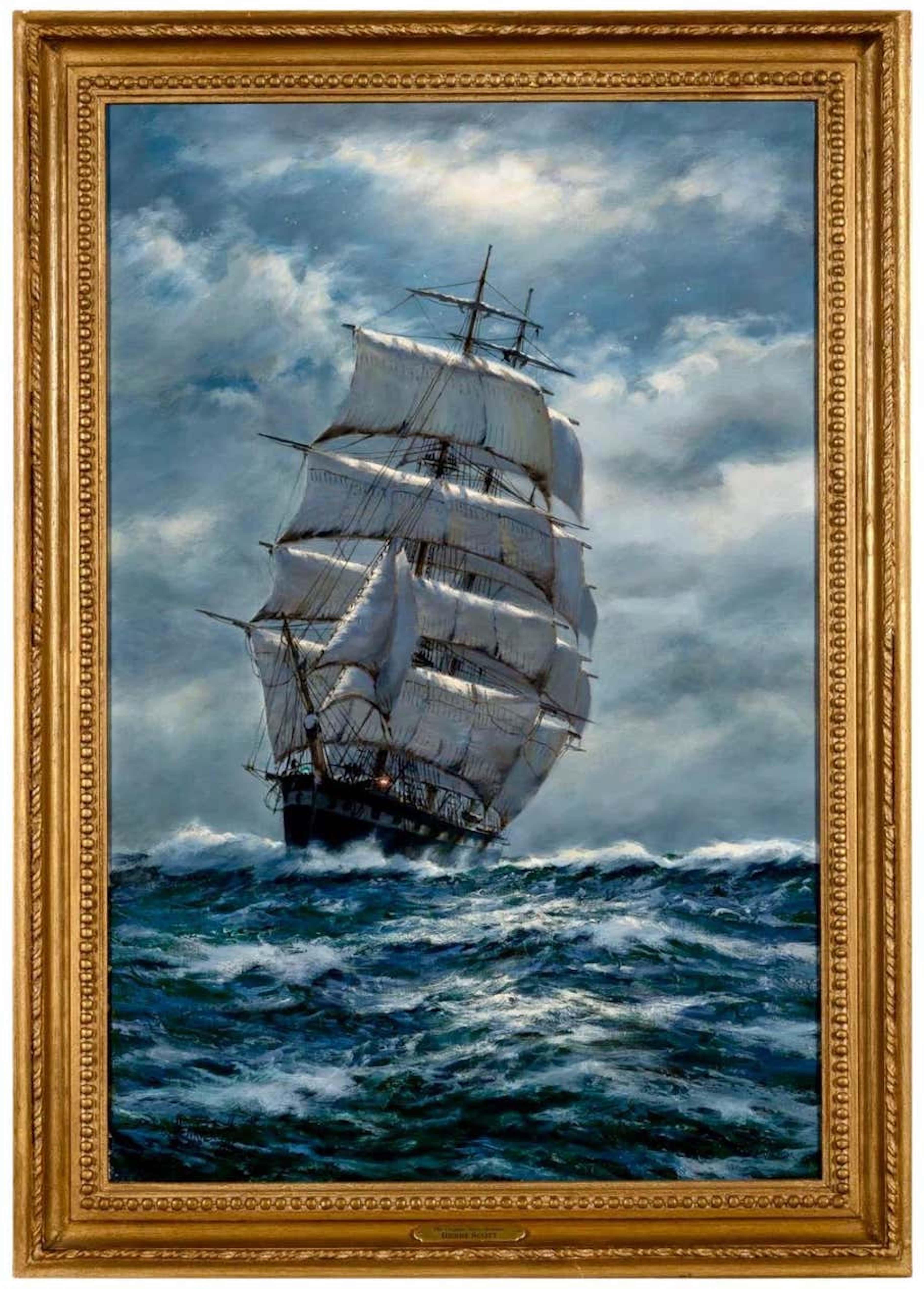 Henry Scott Landscape Painting - Clipper at Full Sail Under Moonlight