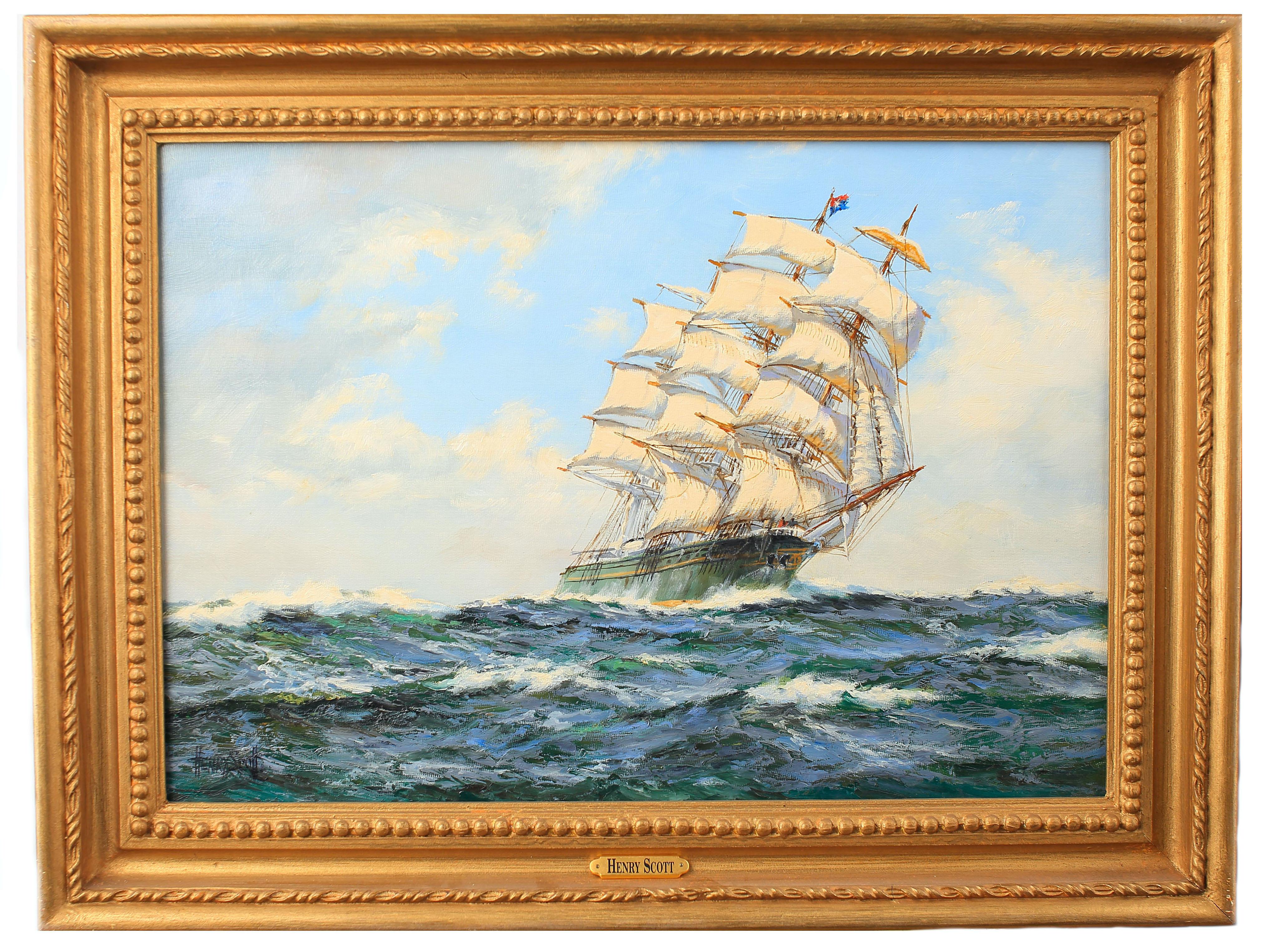 Foochow to London, Tea Clipper ‘Thermopylae
Dimensions: 
13 x 19.50 inches
Medium: 
Oil on panel
Signed
Provenance
McConnal Mason, London
Private Collection, USA
Alan Barnes Fine Art, Dallas TX

Henry Scott was a painter of marines and coastal