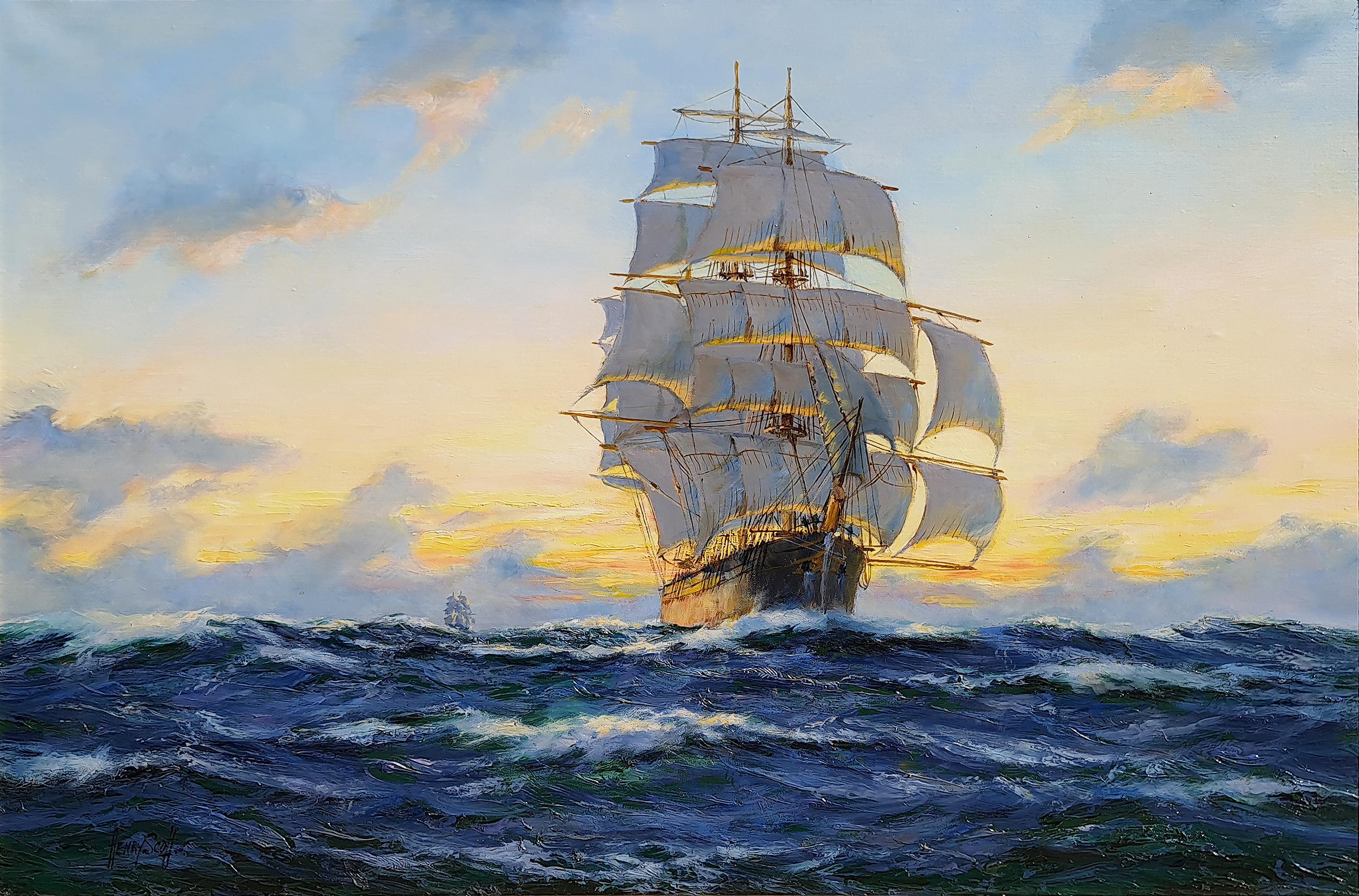Sunset, Western Pacific, 'Cutty Sark' Sailing - Painting by Henry Scott