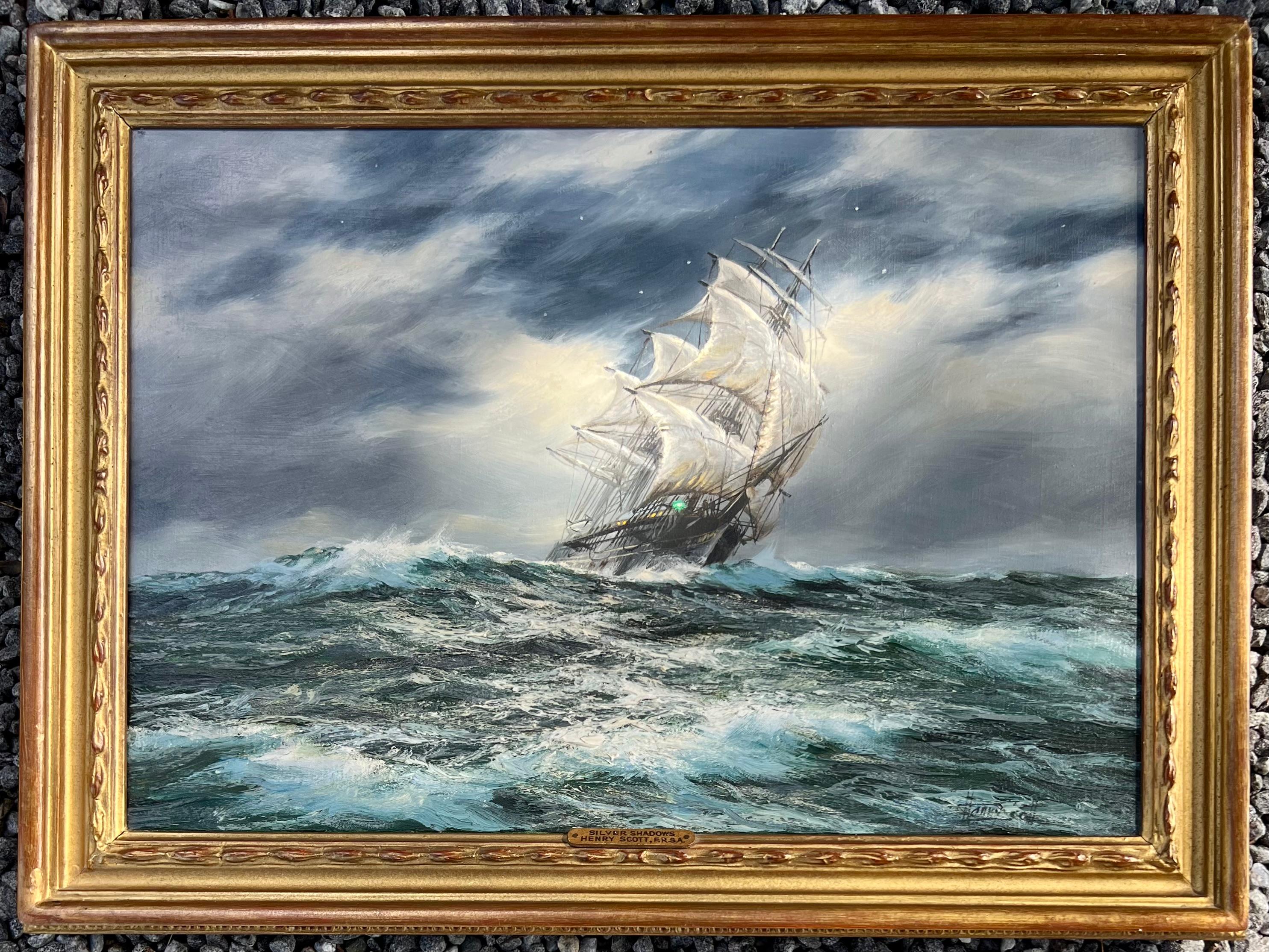 'Silver Shadows, The Famous Clipper Lightning' Oil on canvas, signed lower right. 

Provenance:  McConnal Mason, London  Quester Gallery, USA Private Collection, USA  Bradbury Art and Antiques, Wiscasset, ME USA  

Henry Scott was a painter of