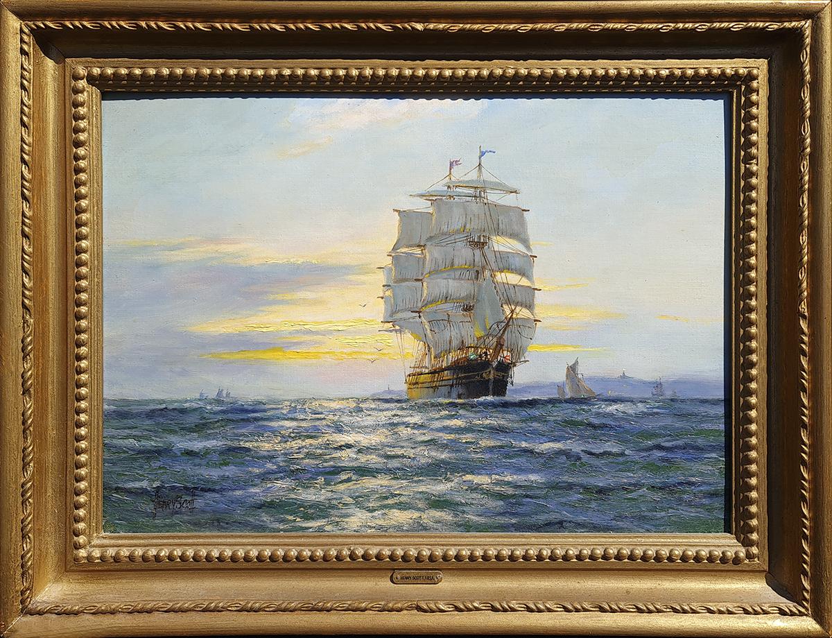 Henry Scott Landscape Painting - Tranquil Sunset, Off Land's End, 'Cutty Sark'