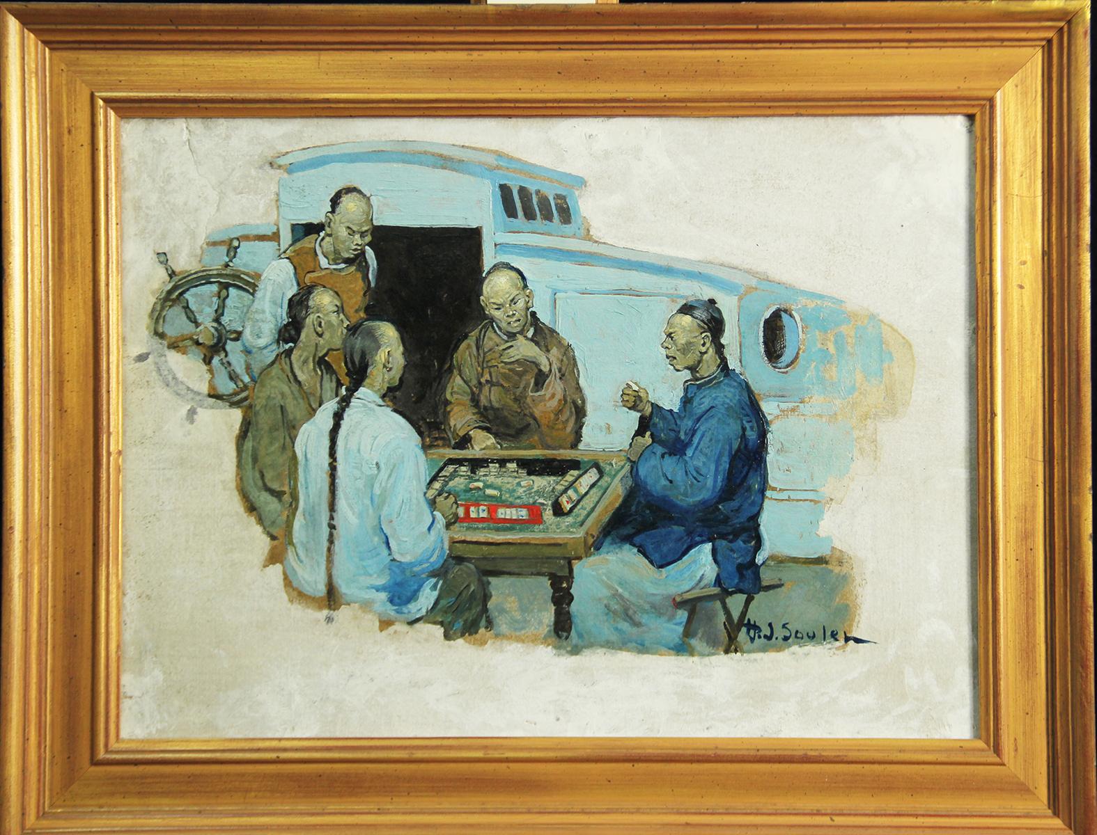 "Mahyong" by Henry James Soulen is a 12" x 16" oil on board painting from 1923, depicting a group of men engaged in a tile based game developed in China. 
The painting is signed "H J Soulen" in the lower right and came from the estate of the