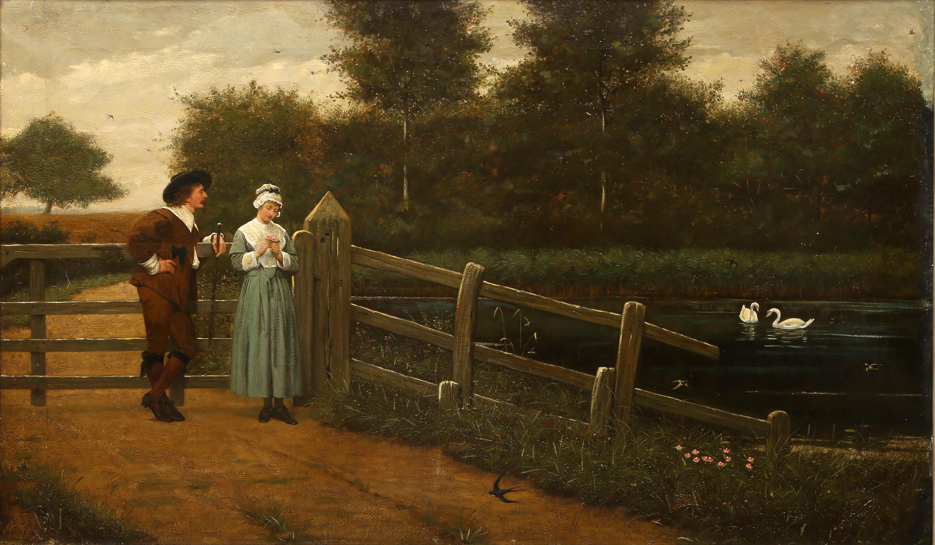 Henry Stacy Marks, inglese ( 1829 - 1898) è stato un importante pittore londinese di scene di vita e storiche. Era un membro della Royal Academy e della cricca di St. Johns Wood.  Il dipinto misura 27 x 44 pollici (68,58 x 111,76 cm) ed è firmato in
