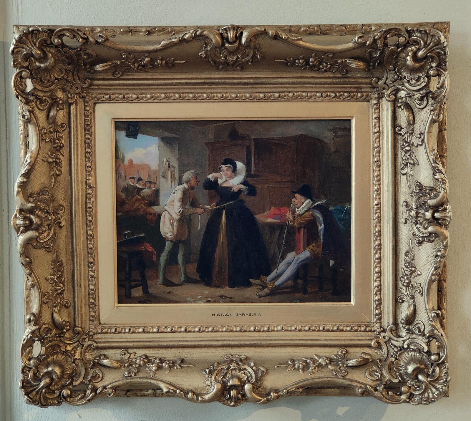 Oil Painting by Henry Stacy Marks  "The Lady's Tailor" 1829 -1898 Leading London painter of life and historical scenes. Member of Royal Academy and St Johns wood clique. Oil on panel. Signed with initials title verso in original frame.

Dimensions