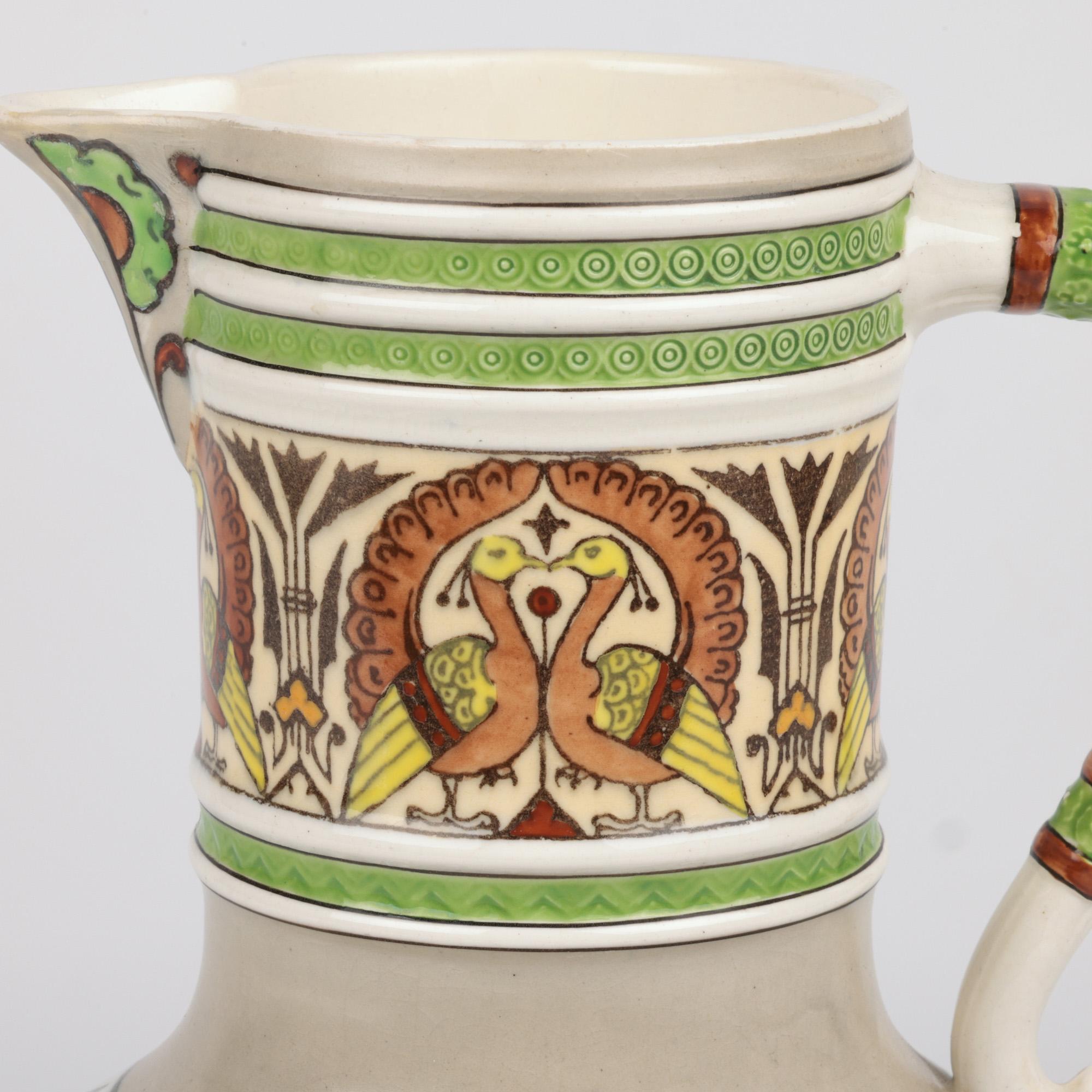 Henry Stacy Marks Minton Aesthetic Movement Pottery Beer Jug
A fine Minton Aesthetic Movement pottery beer jug probably designed by Christopher Dresser and decorated by Henry Stacy Marks (British, 1829-1898) dating from around 1880. 

Henry Stacy