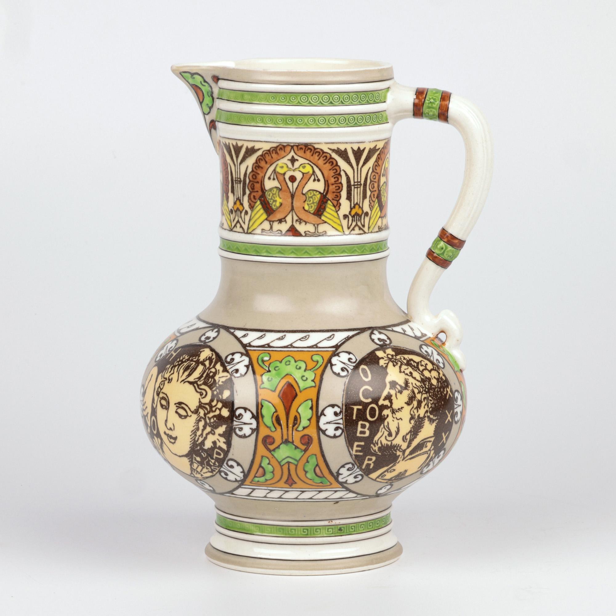 Henry Stacy Marks Minton Aesthetic Movement Pottery Beer Jug In Good Condition For Sale In Bishop's Stortford, Hertfordshire