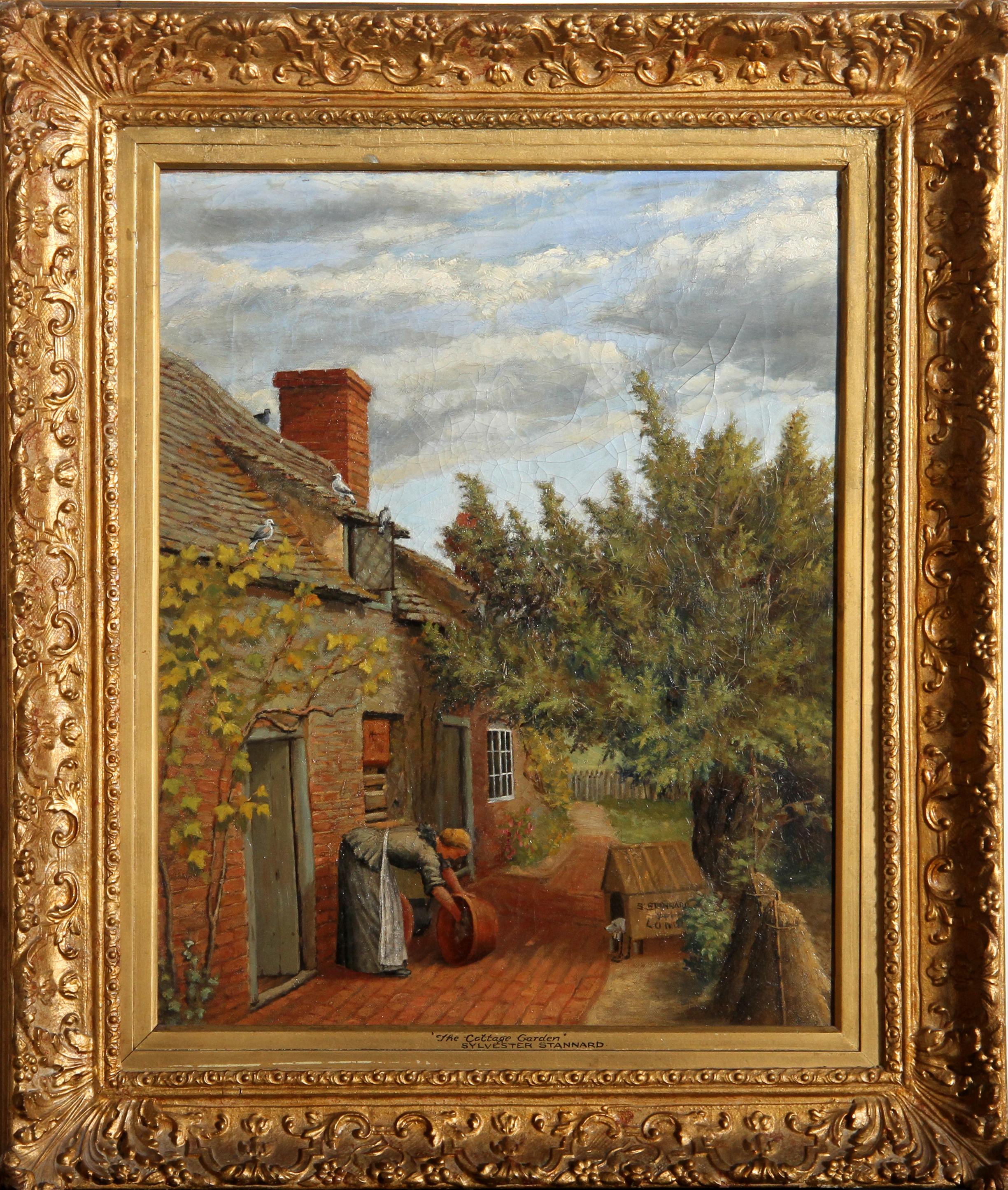 A neoclassical oil painting on canvas by British artist Henry John Sylvester Stannard. The scene depicts a woman cleaning a bucket outside her house while a dog nestled in a dog house watches on. The painting is signed by the artist as “Sylvester