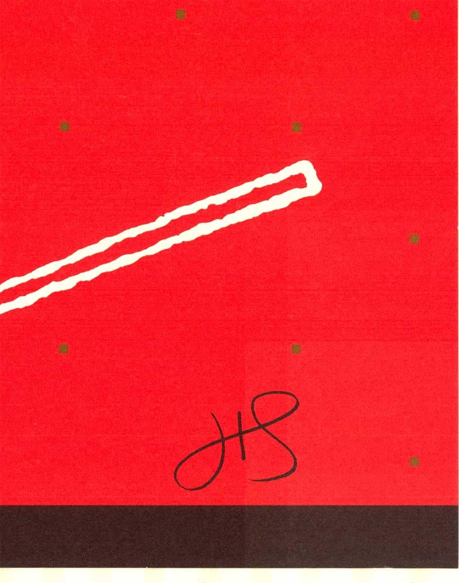 Original poster:  Chopstix Sequences.  Printed on woven paper.
Horizontal print of a hand holding a chop stix or both in various positions.   

Behiind each are the Japanese symbols for 1, 2, 3, and 4.   On the 4th the one chopstix is dropped to the