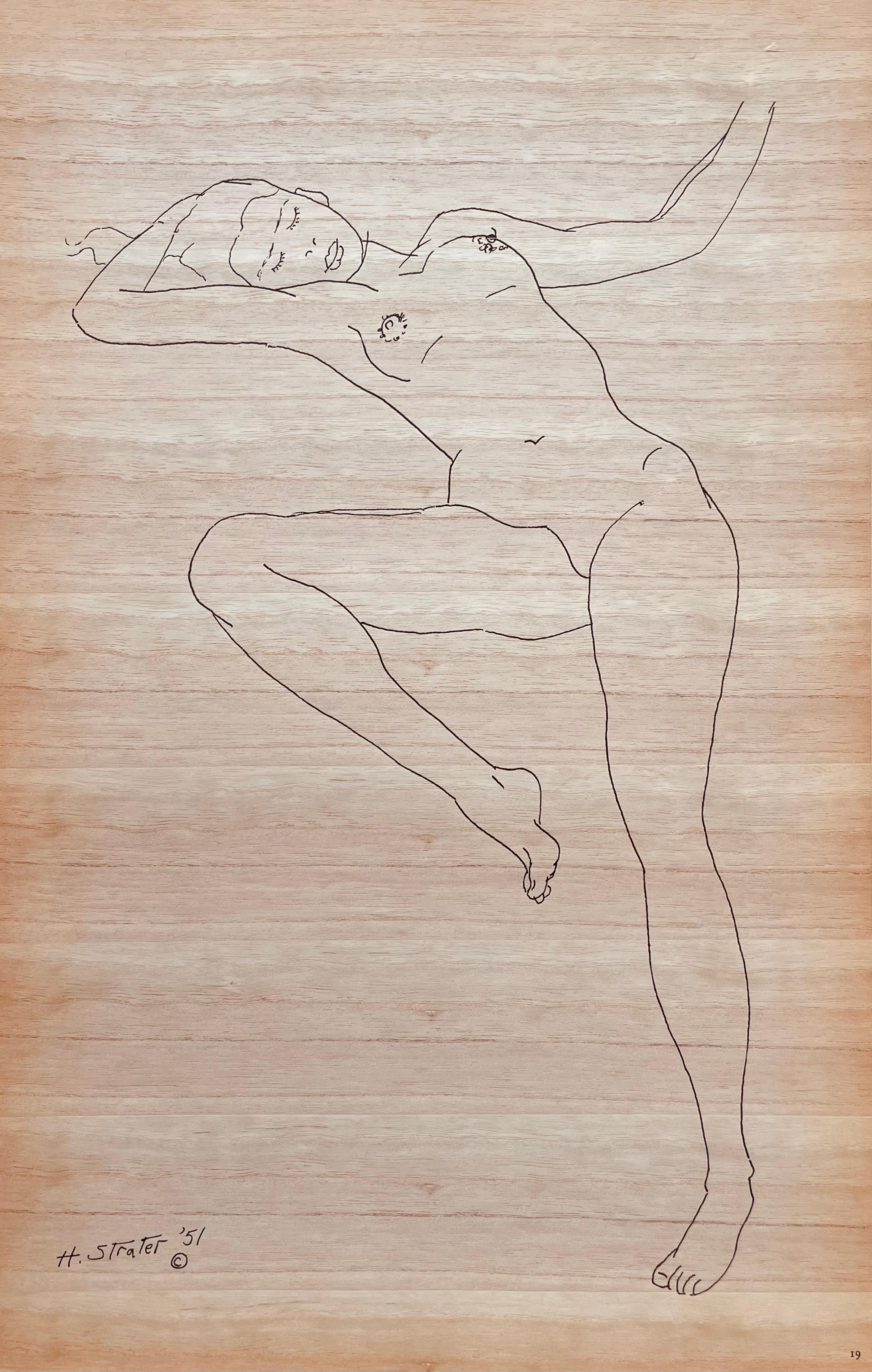 Original Edition Lithograph on wood veneer. Inscription: Signed in the plate and unnumbered, as issued. Good condition. Notes: From the folio, 24 Drawings by Henry Strater, 1958. Published by Henry Strater, Ogunquit, Maine; printed by The Anthoensen