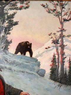 A Surprise Dinner Guest.  Outdoorsman and Bear in Snowy Forest Camp Painting.