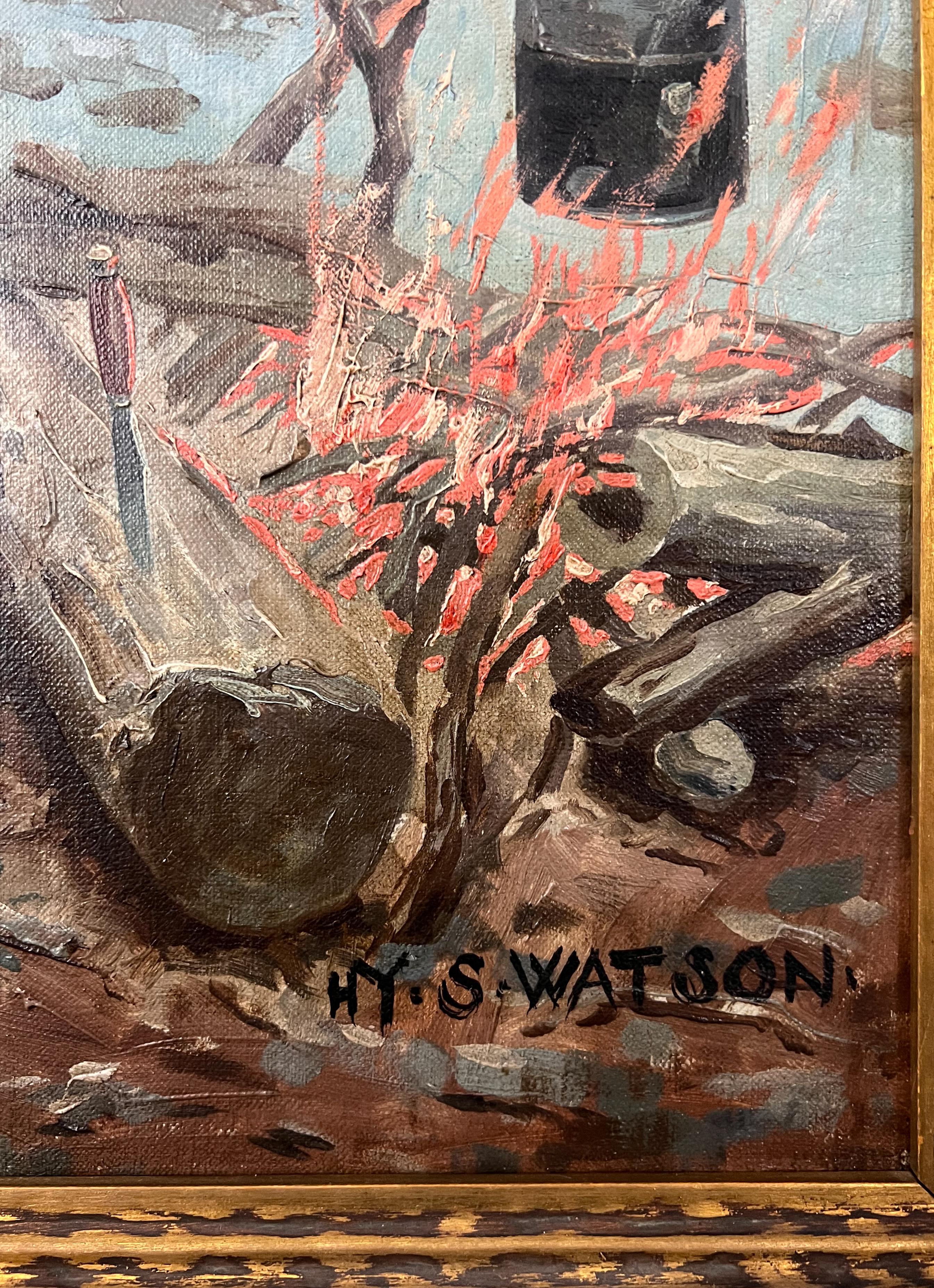 Un ospite a sorpresa.  Pittura di campo con orso e uomo all'aperto nella foresta innevata. - Painting Realismo americano di Henry Sumner Watson