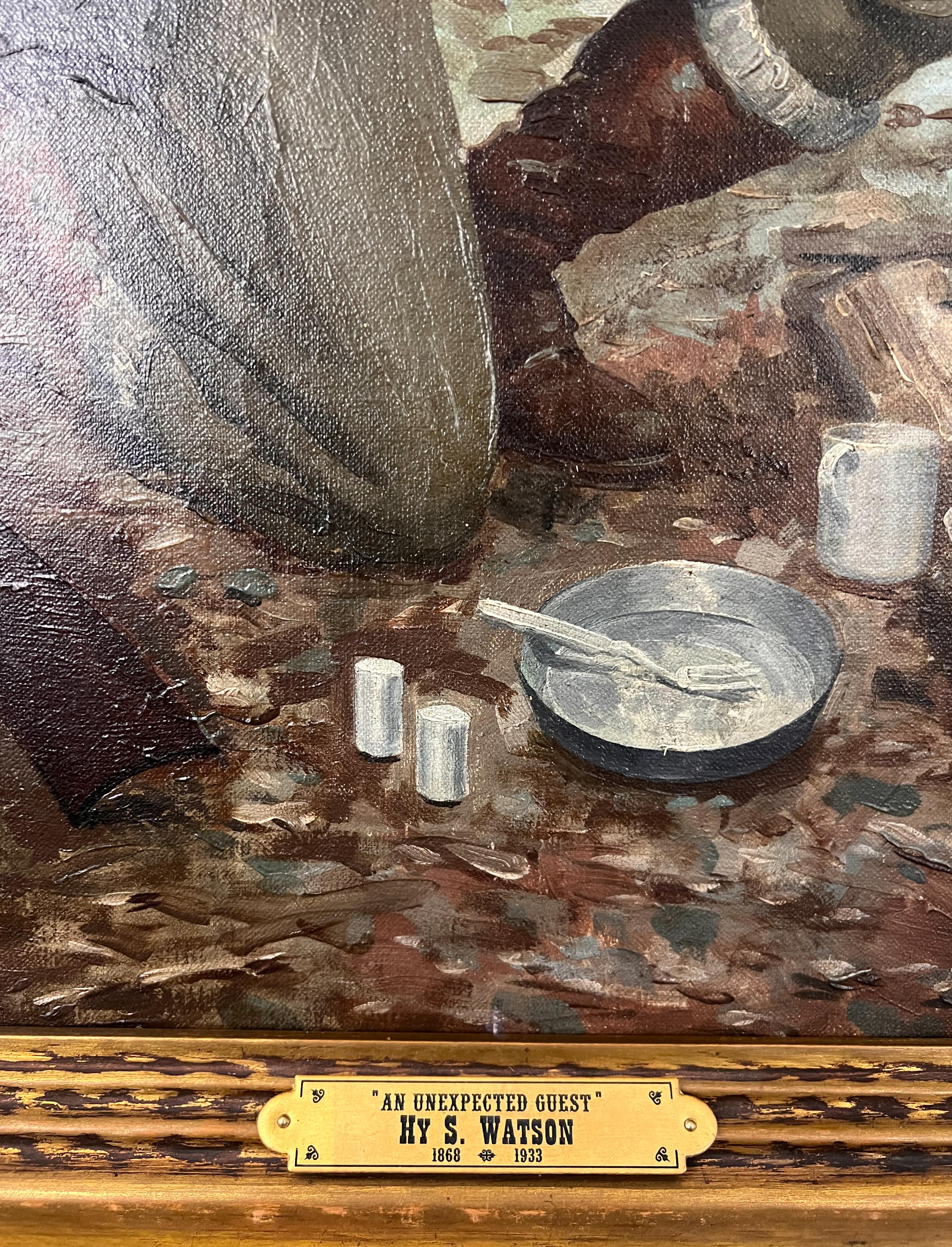 Un ospite a sorpresa.  Pittura di campo con orso e uomo all'aperto nella foresta innevata. - Portrait Painting Marrone di Henry Sumner Watson