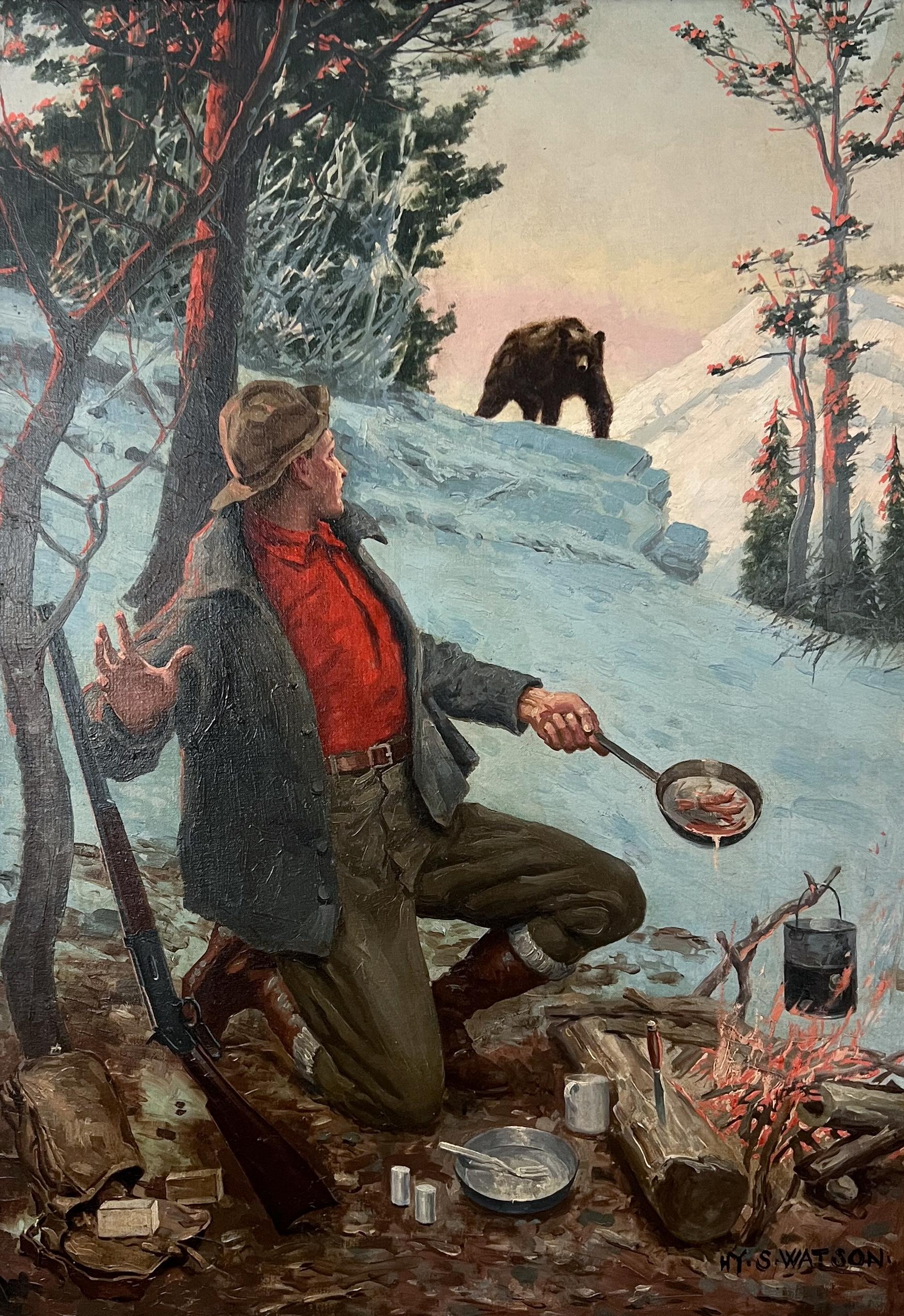 Un dipinto narrativo dinamico intitolato A Surprise Dinner Guest (o An Unexpected Guest), che mostra il momento in cui un uomo all'aperto vede un orso avvicinarsi al suo campeggio innevato.   Presentato in una cornice dorata anticata con una