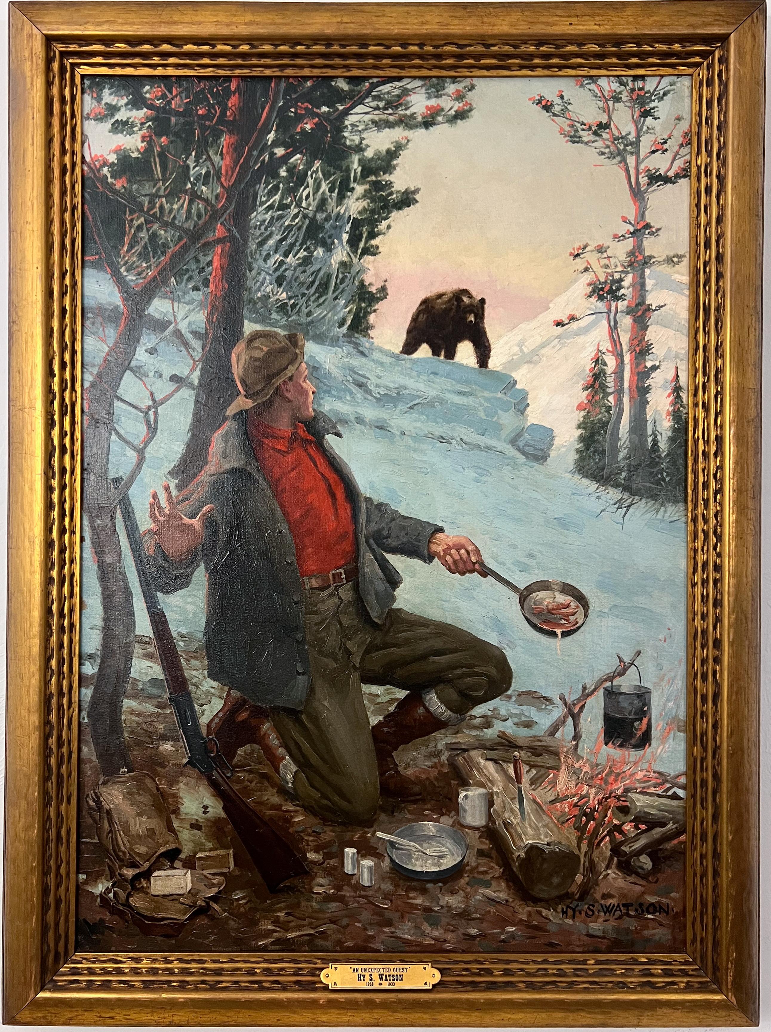 Portrait Painting di Henry Sumner Watson - Un ospite a sorpresa.  Pittura di campo con orso e uomo all'aperto nella foresta innevata.