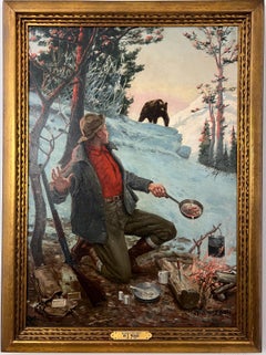 Un ospite a sorpresa.  Pittura di campo con orso e uomo all'aperto nella foresta innevata.