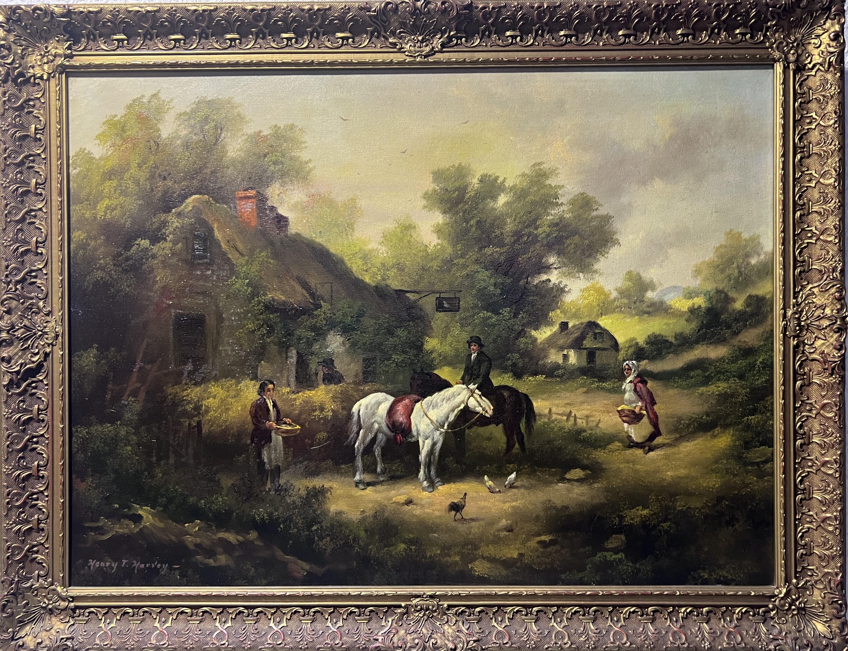 This is a Large antique original oil painting on canvas depicting a bucolic rural scene, lively with characters and activities. In the foreground, a young man on horseback converses with a woman holding a basket, suggesting a moment of daily