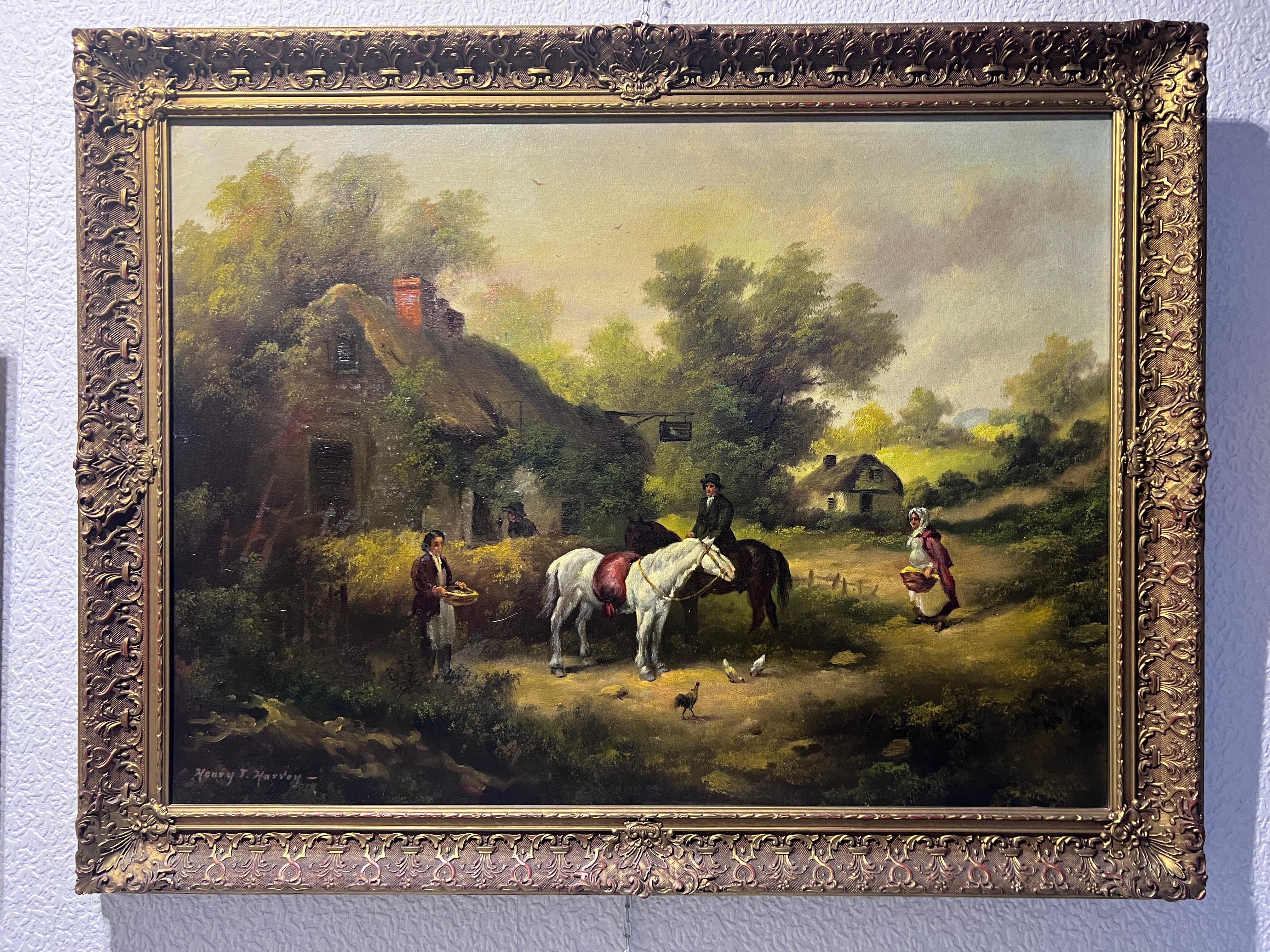 This is a Large antique original oil painting on canvas depicting a bucolic rural scene, lively with characters and activities. In the foreground, a young man on horseback converses with a woman holding a basket, suggesting a moment of daily
