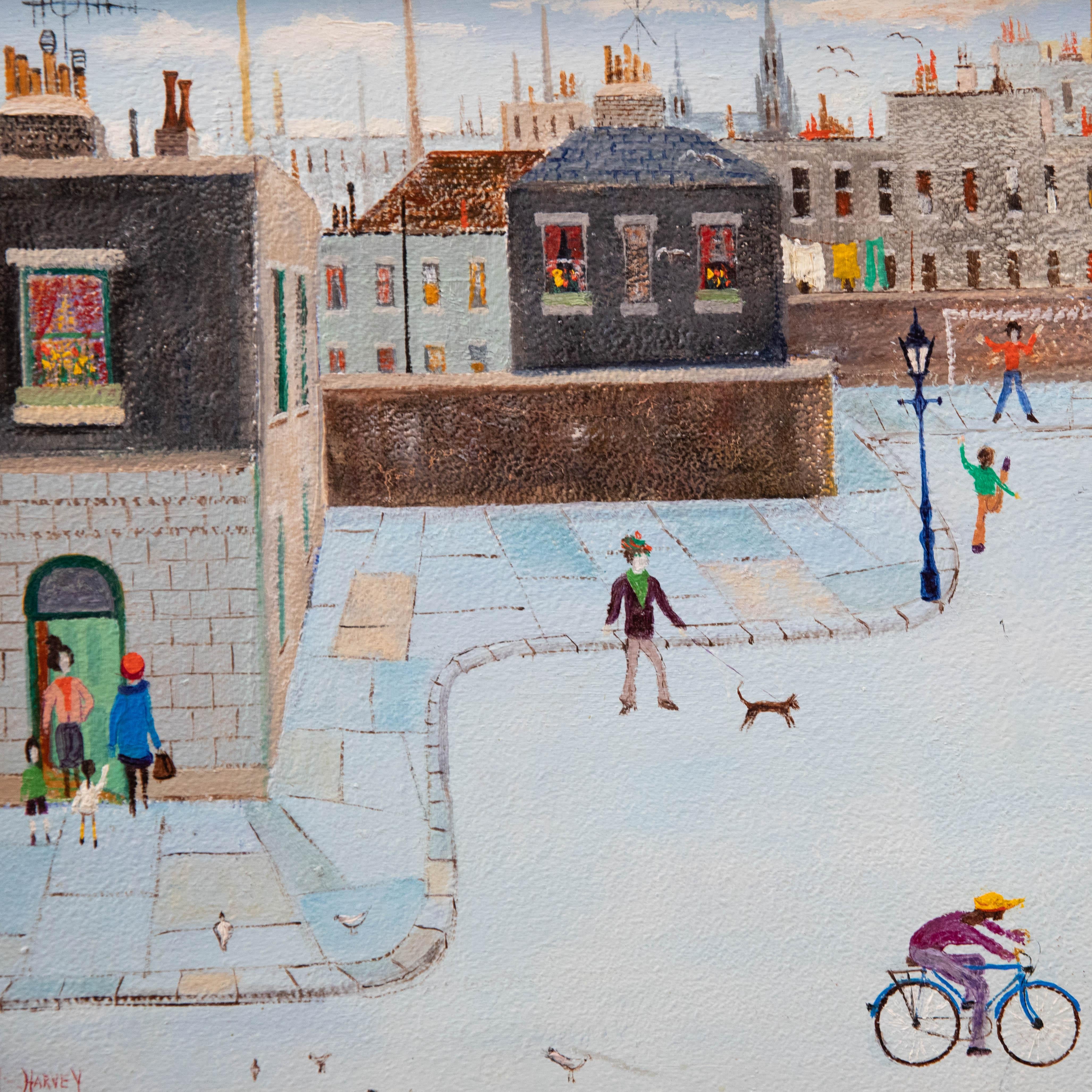 A charming oil in the style of L. S. Lowry showing figures participating in daily exercise. Whether it be cycling, dog walking, or kicking a ball in the street. This corner of London has it all going on. Well-presented in a complimenting blue