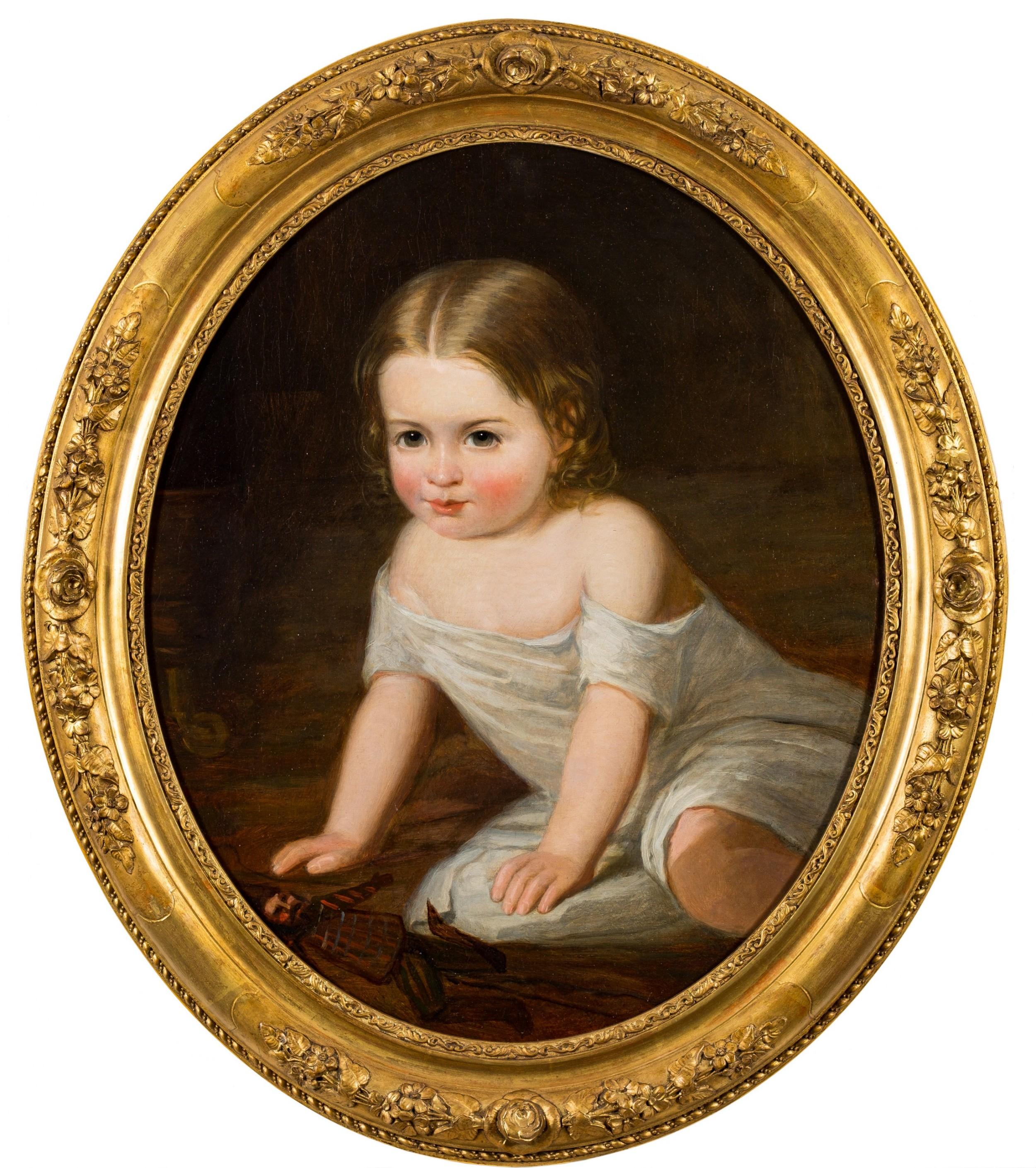 porträt aus dem 19. Jahrhundert, Kind beim Spielen ,zugeschrieben Henry Tanworth Wells
Ein schönes ovales Porträt eines kleinen Kindes beim Spielen, das dem Porträtmaler Henry Tanworth Wells zugeschrieben wird.
dieses fein ausgeführte Öl auf