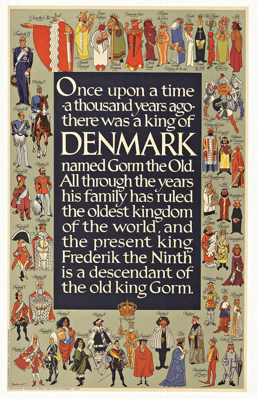 Original Denmark King Gorm and descendants vintage travel lithographic poster