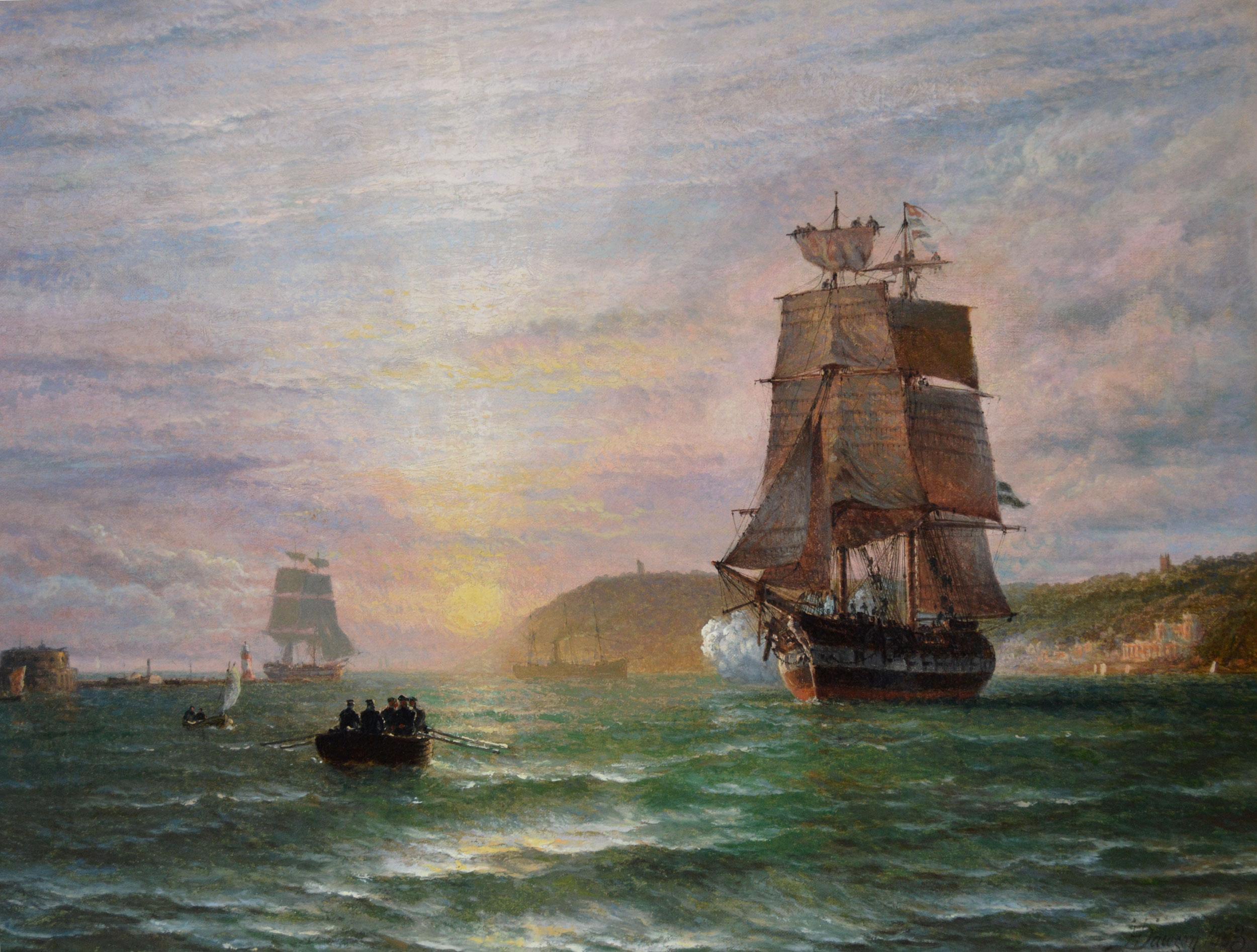 19th Century seascape oil painting of a guardship firing a salute off a coast - Painting by Henry Thomas Dawson