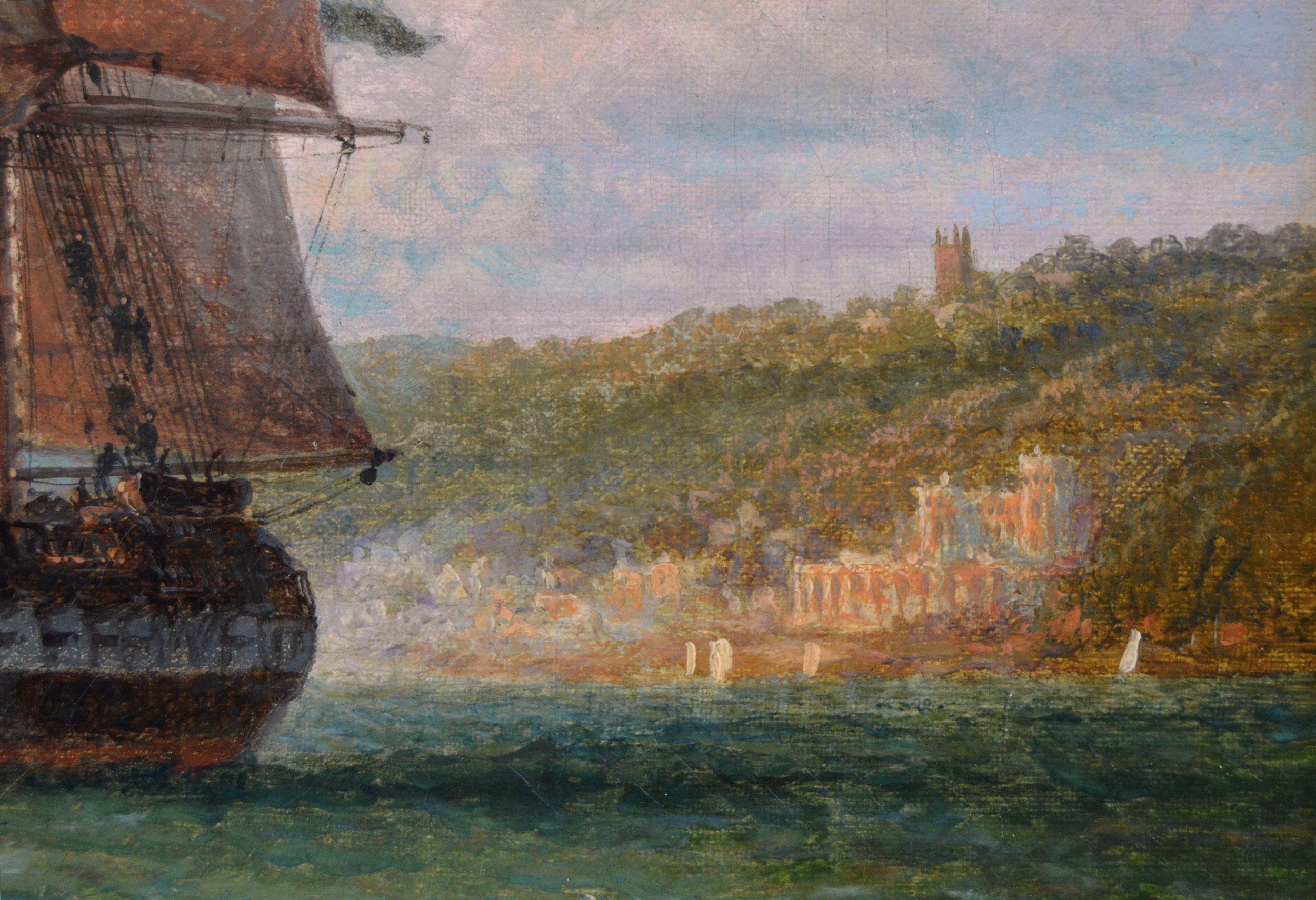 19th Century seascape oil painting of a guardship firing a salute off a coast - Victorian Painting by Henry Thomas Dawson