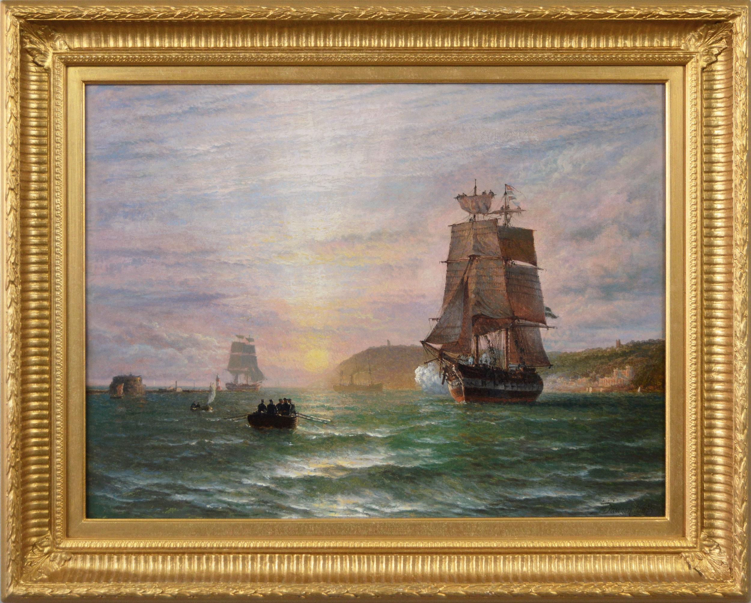 19th Century seascape oil painting of a guardship firing a salute off a coast