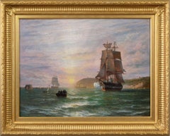 Antique 19th Century seascape oil painting of a guardship firing a salute off a coast