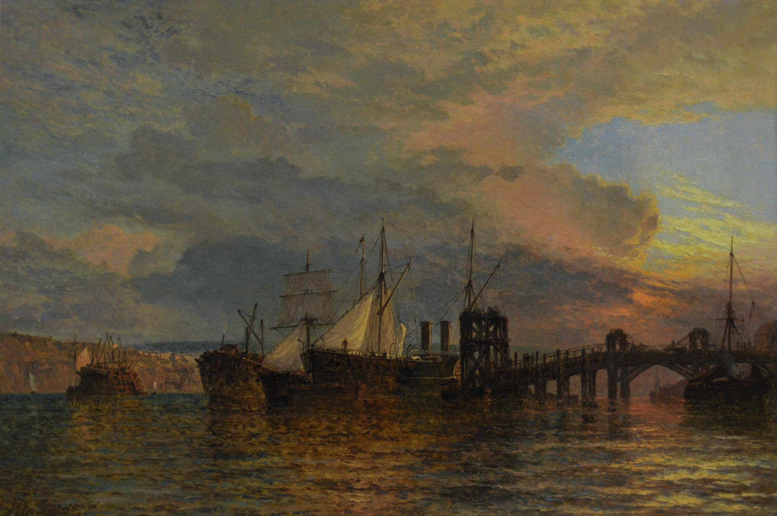 Dipinto ad olio del XIX secolo raffigurante navi al largo di un molo al tramonto - Painting di Henry Thomas Dawson