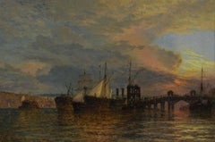 19th Century seascape oil painting of ships off a jetty at sunset