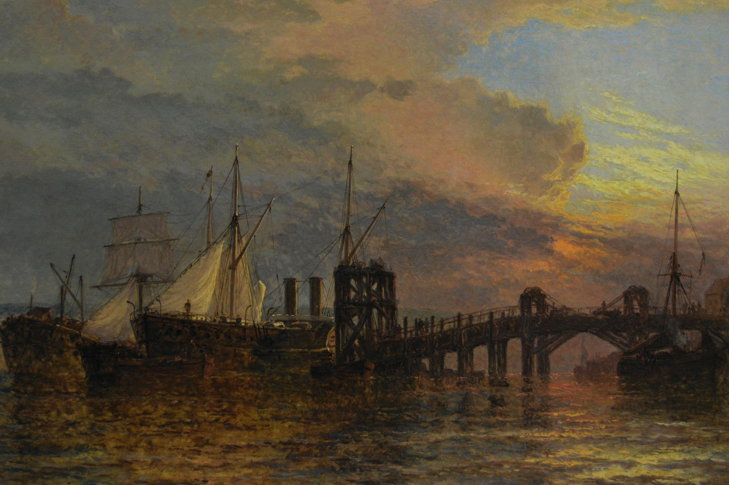 Dipinto ad olio del XIX secolo raffigurante navi al largo di un molo al tramonto - Painting Vittoriano di Henry Thomas Dawson